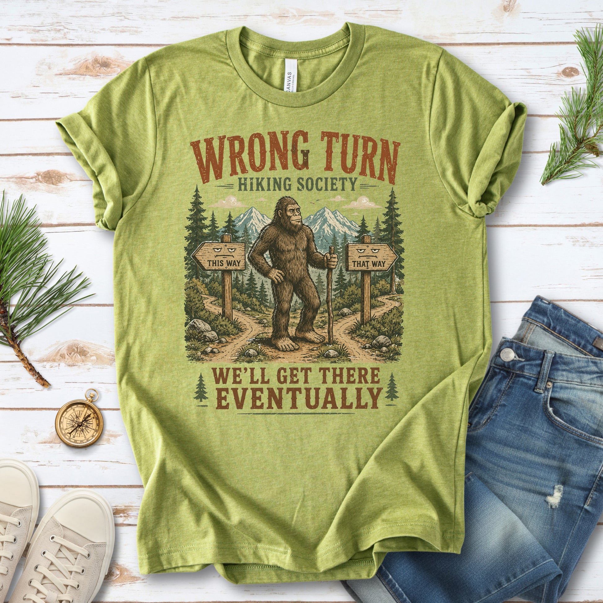 Wrong Turn Hiking Society Bigfoot Funny Trail Gift T-Shirt