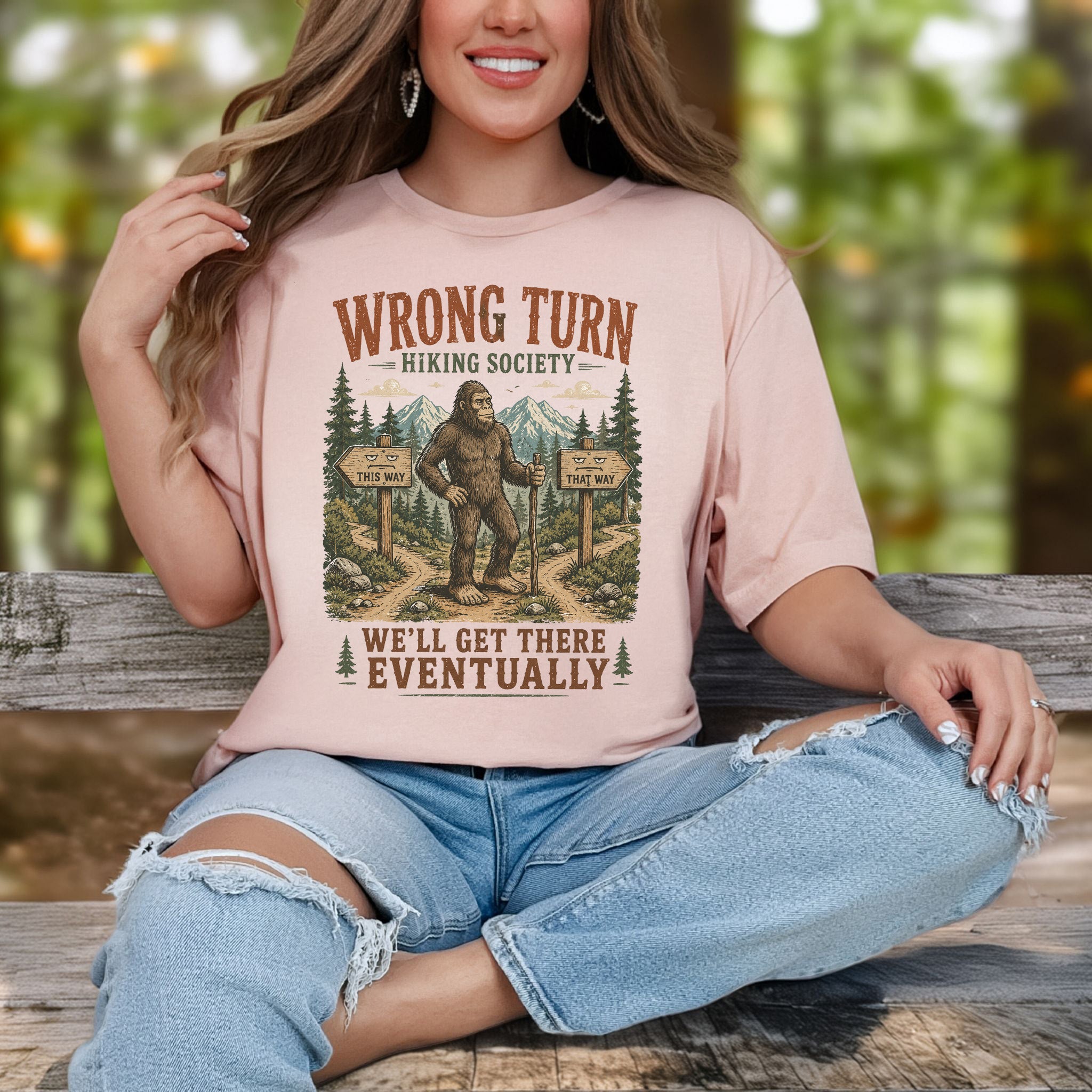 Wrong Turn Hiking Society Bigfoot Funny Trail Gift T-Shirt