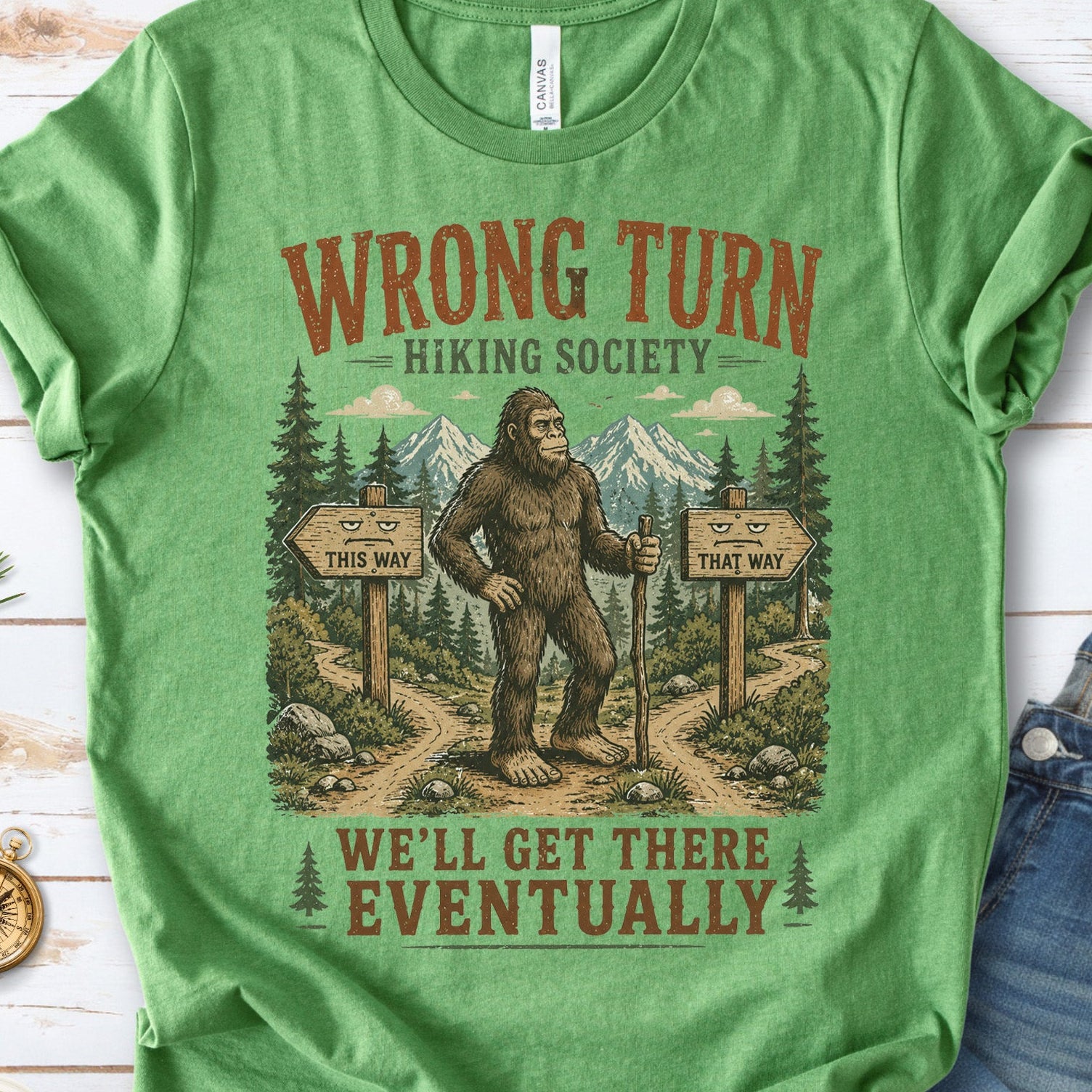Wrong Turn Hiking Society Bigfoot Funny Trail Gift T-Shirt