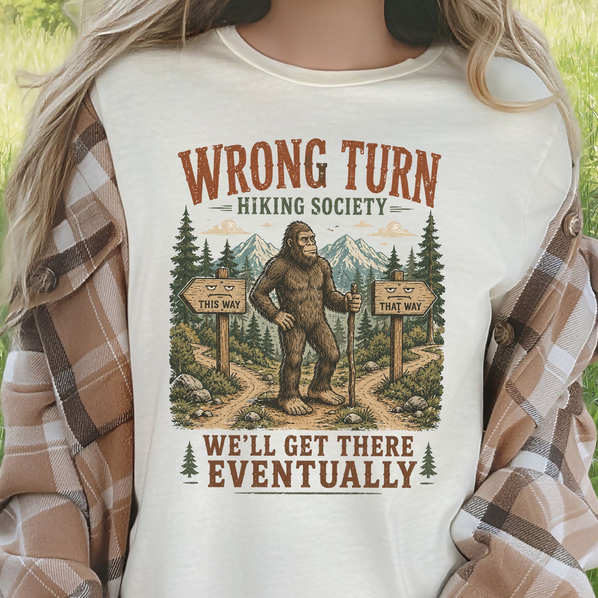 Wrong Turn Hiking Society Bigfoot Funny Trail Gift T-Shirt