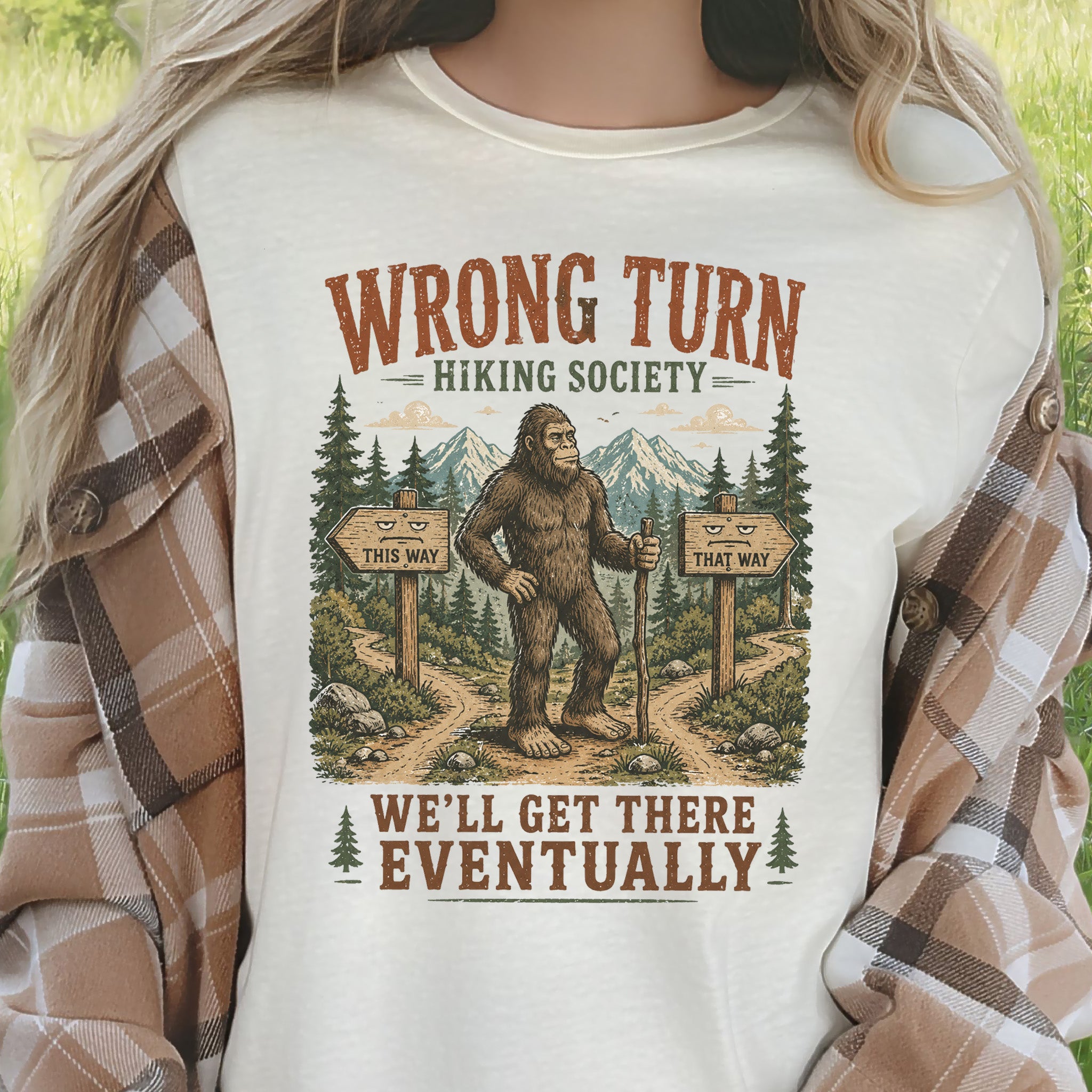 Wrong Turn Hiking Society Bigfoot Funny Trail Gift T-Shirt