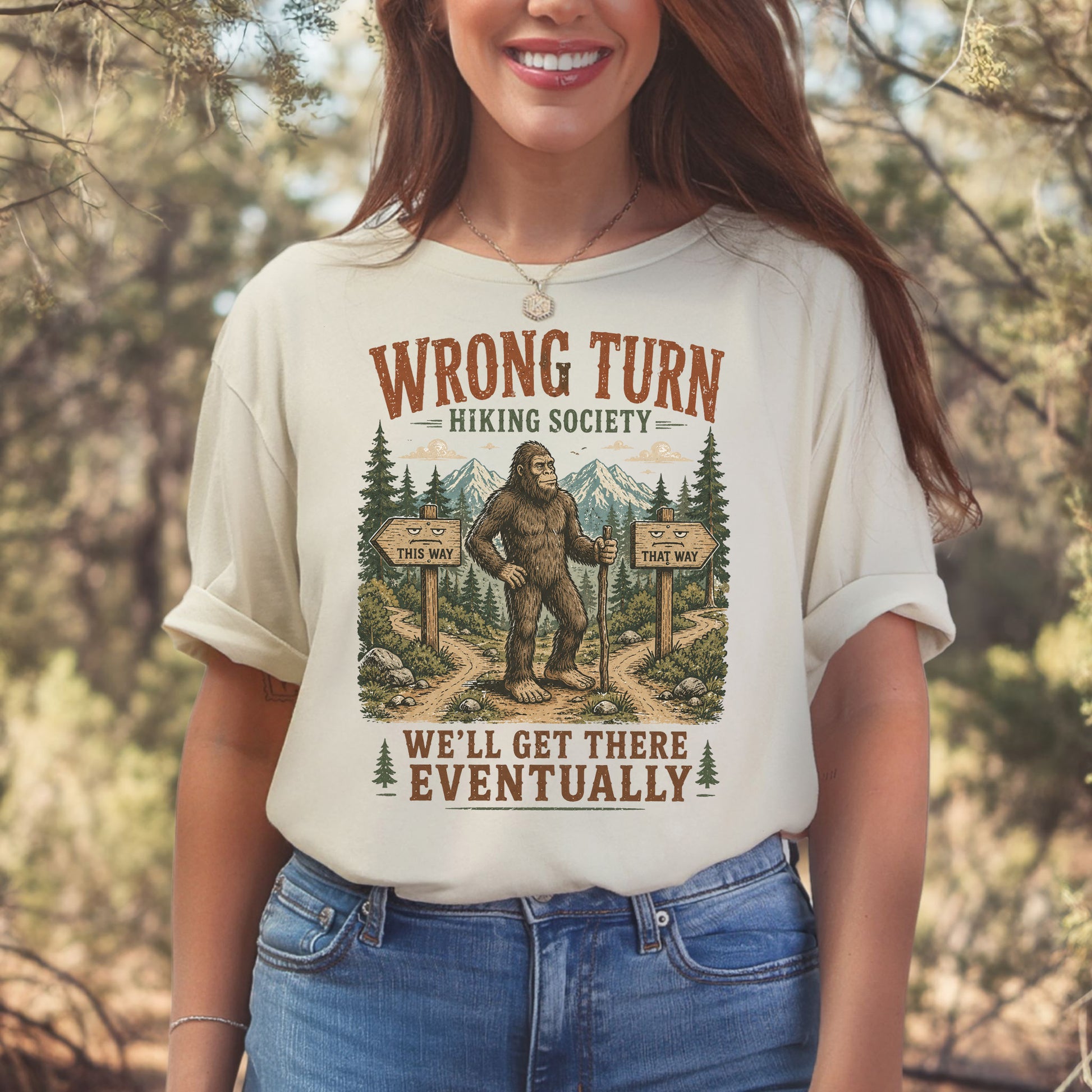 Wrong Turn Hiking Society Bigfoot Funny Trail Gift T-Shirt