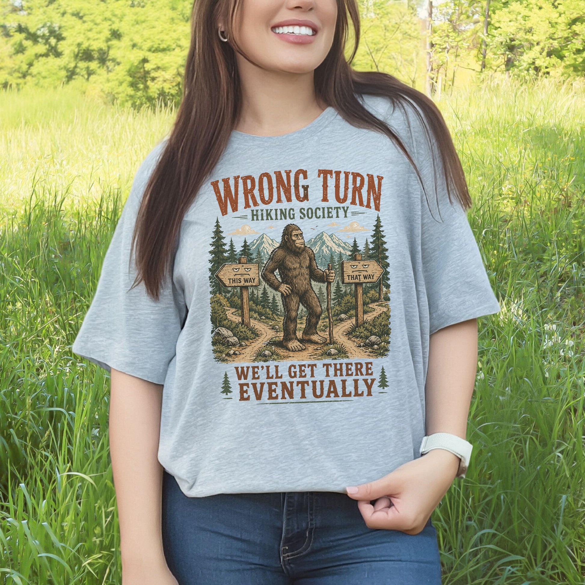 Wrong Turn Hiking Society Bigfoot Funny Trail Gift T-Shirt