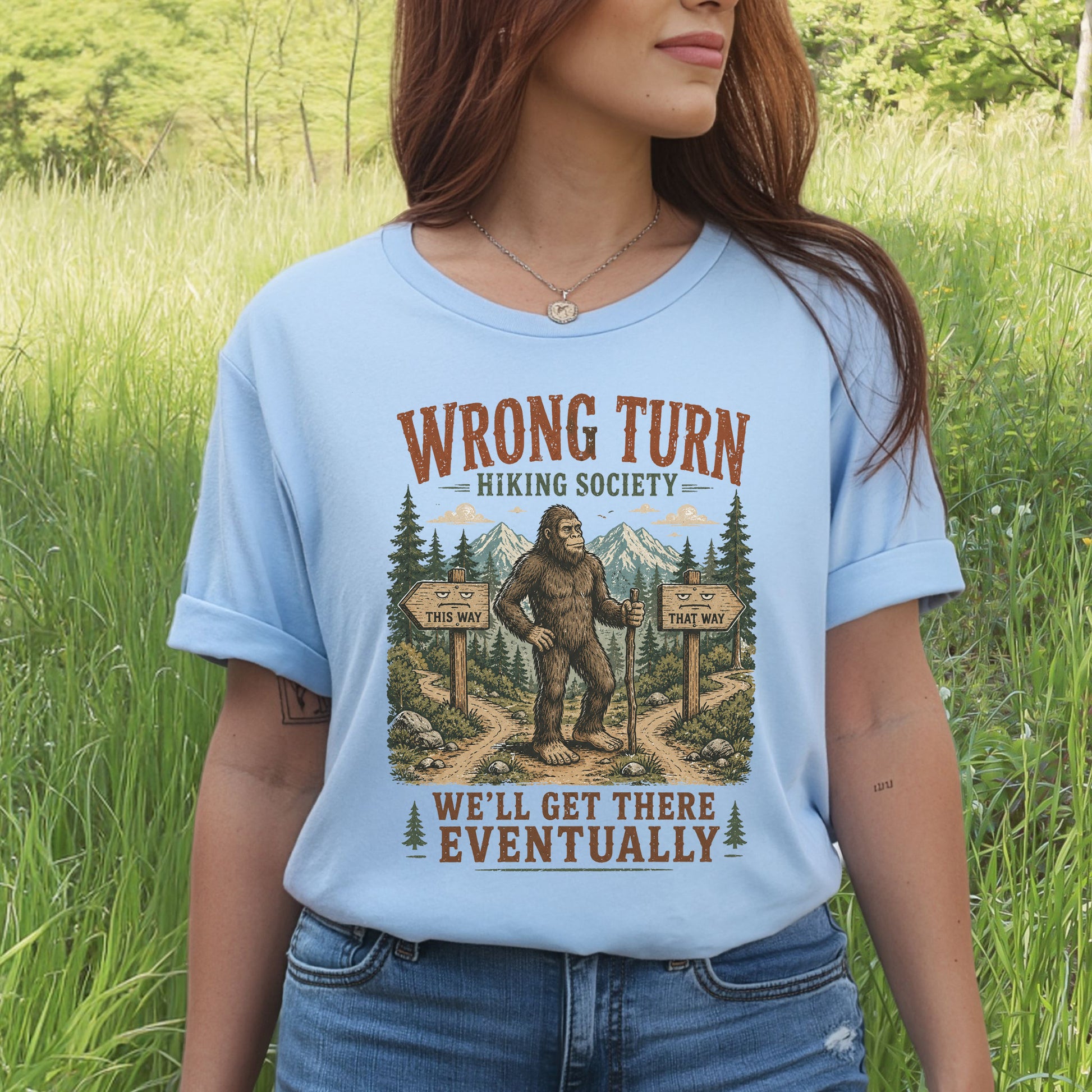 Wrong Turn Hiking Society Bigfoot Funny Trail Gift T-Shirt
