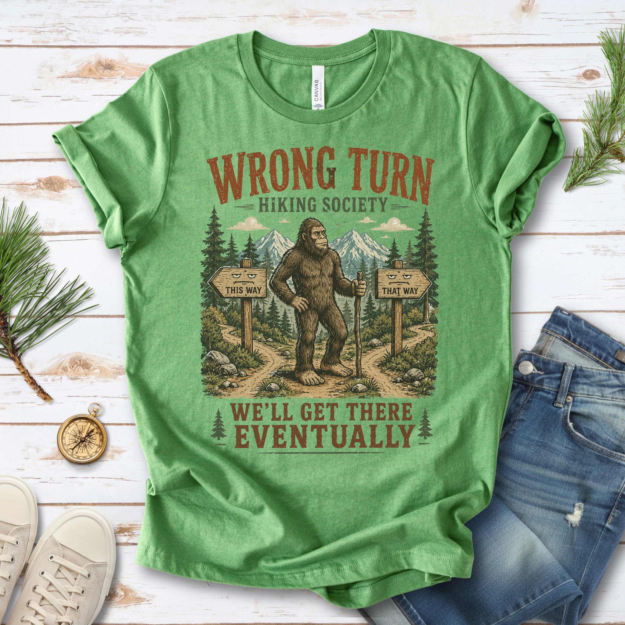 Wrong Turn Hiking Society Bigfoot Funny Trail Gift T-Shirt