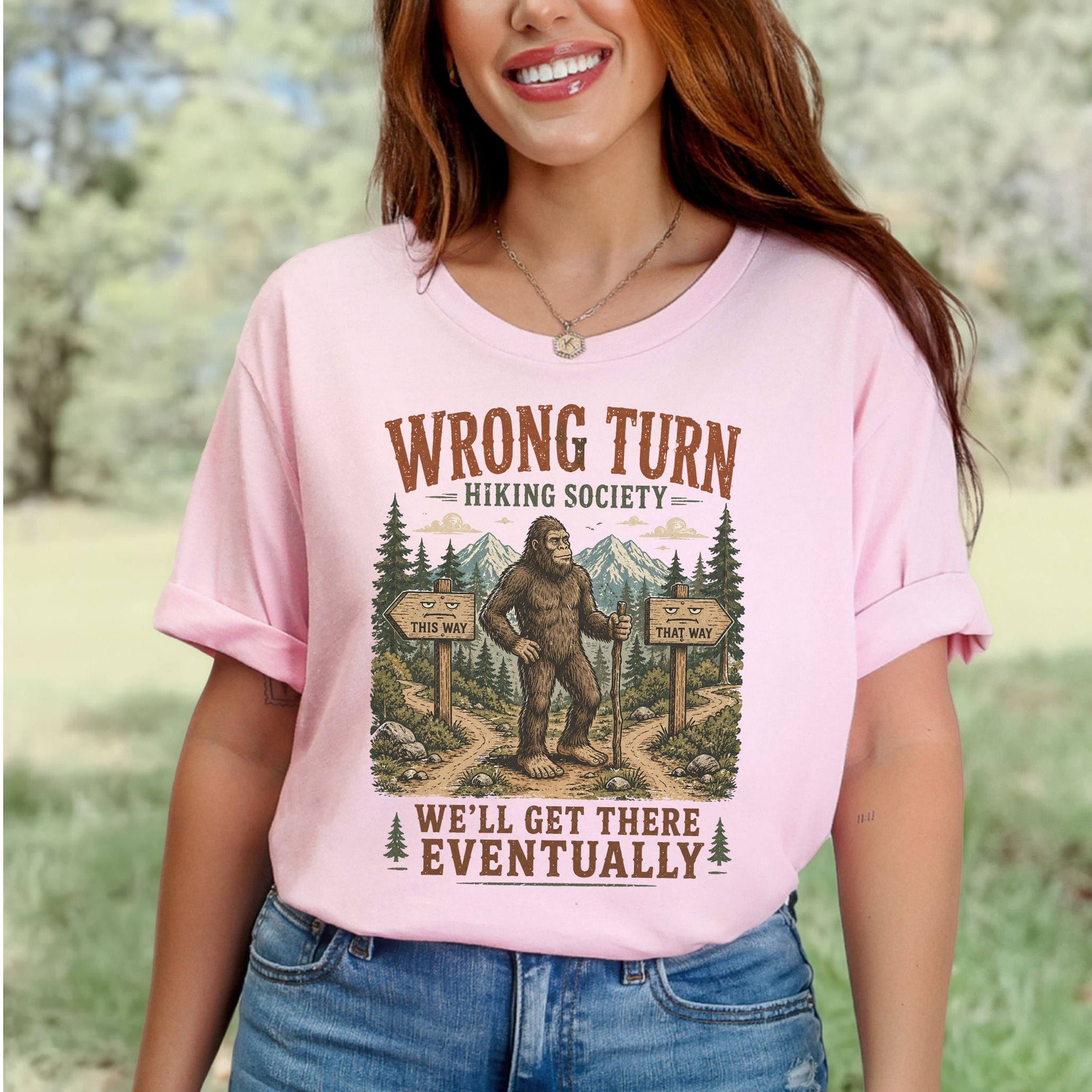 Wrong Turn Hiking Society Bigfoot Funny Trail Gift T-Shirt