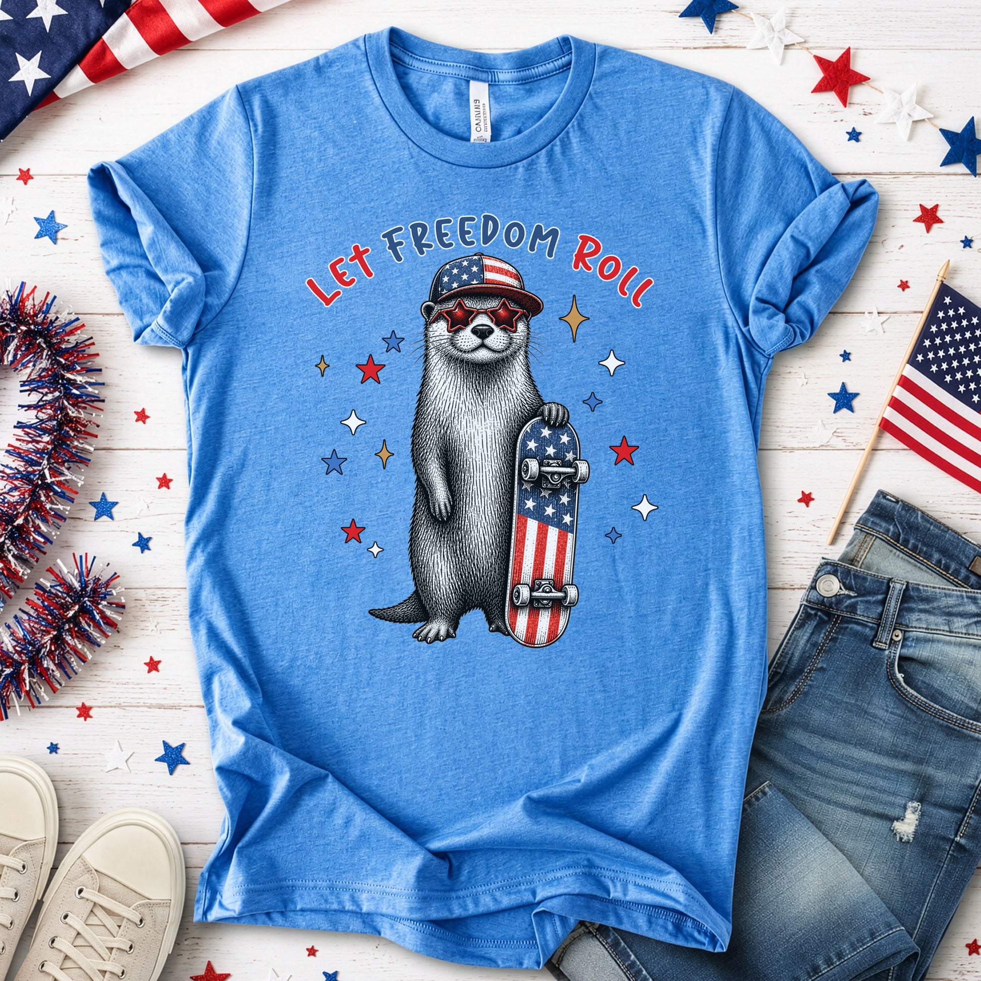Let Freedom Roll Otter Patriotic 4th of July Skateboard T-Shirt