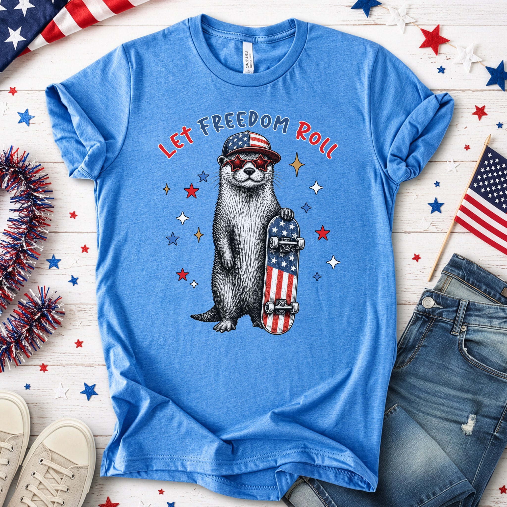 Let Freedom Roll Otter Patriotic 4th of July Skateboard T-Shirt