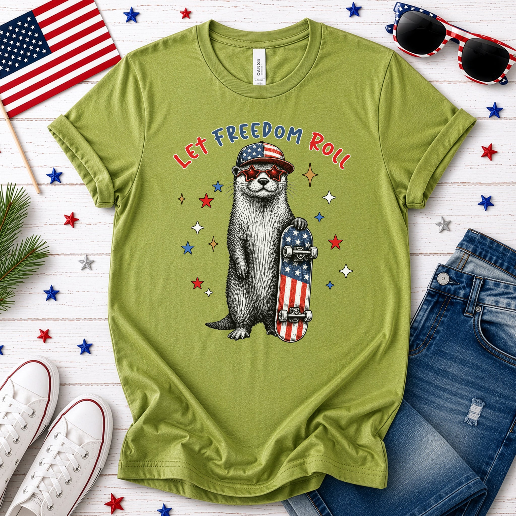 Let Freedom Roll Otter Patriotic 4th of July Skateboard T-Shirt