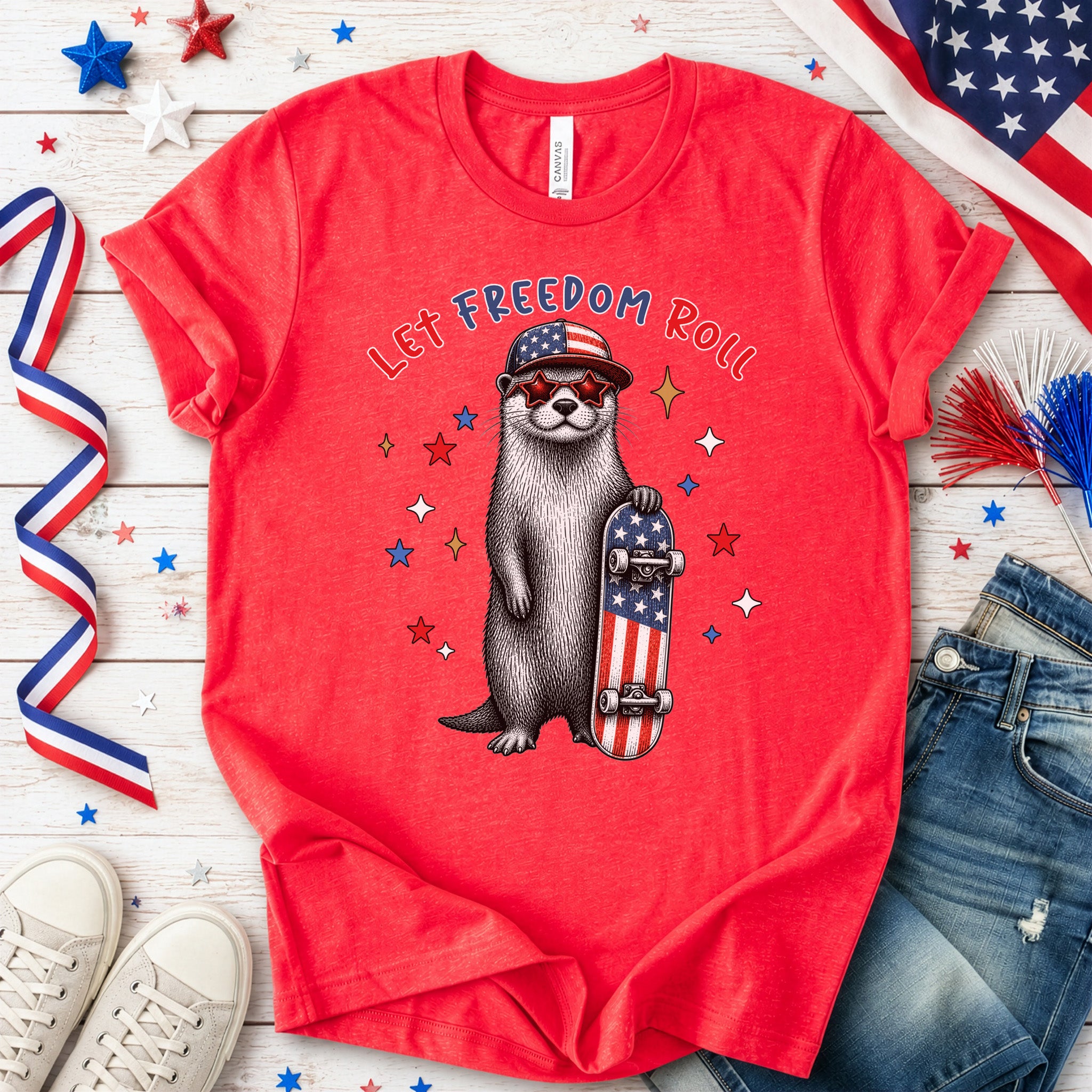 Let Freedom Roll Otter Patriotic 4th of July Skateboard T-Shirt
