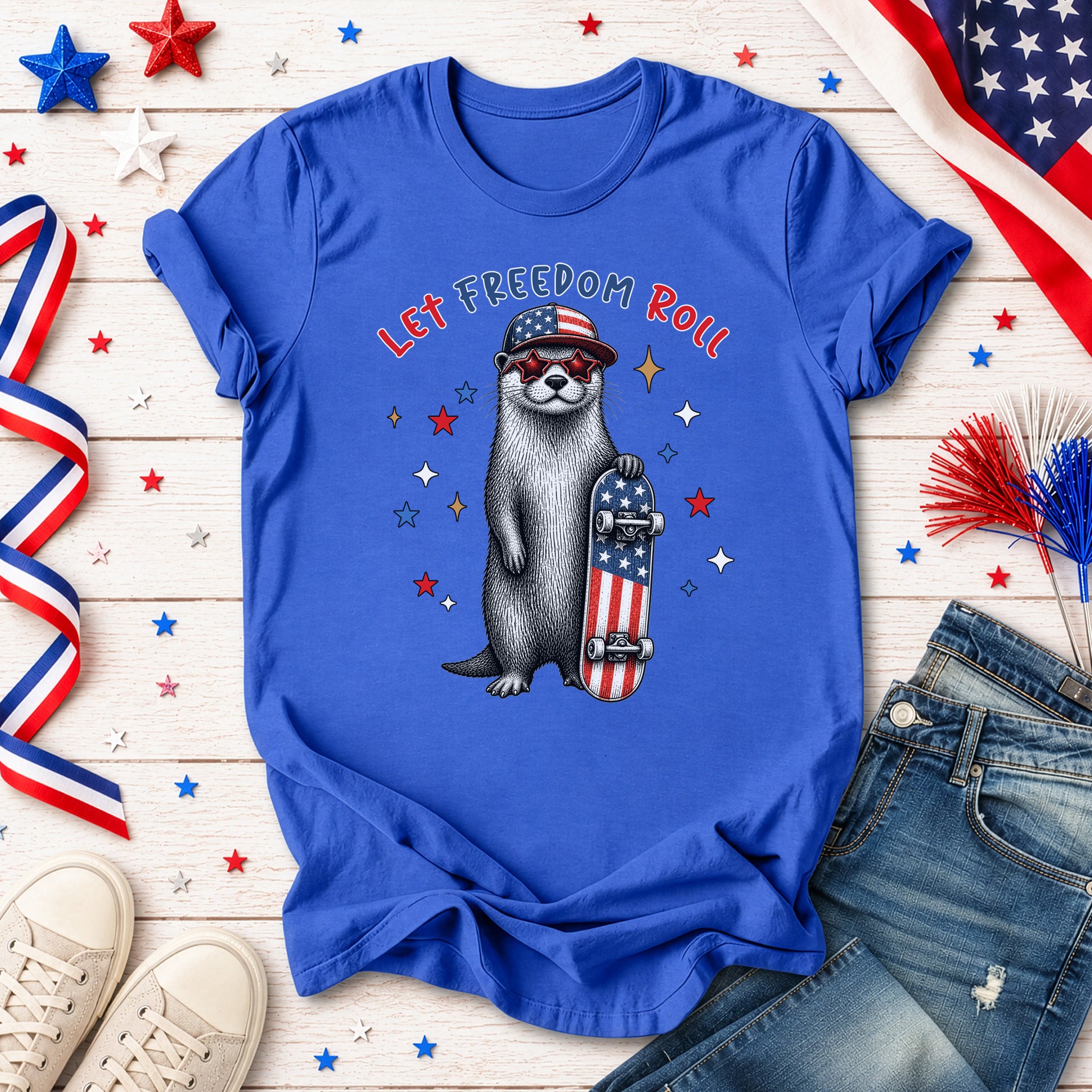 Let Freedom Roll Otter Patriotic 4th of July Skateboard T-Shirt