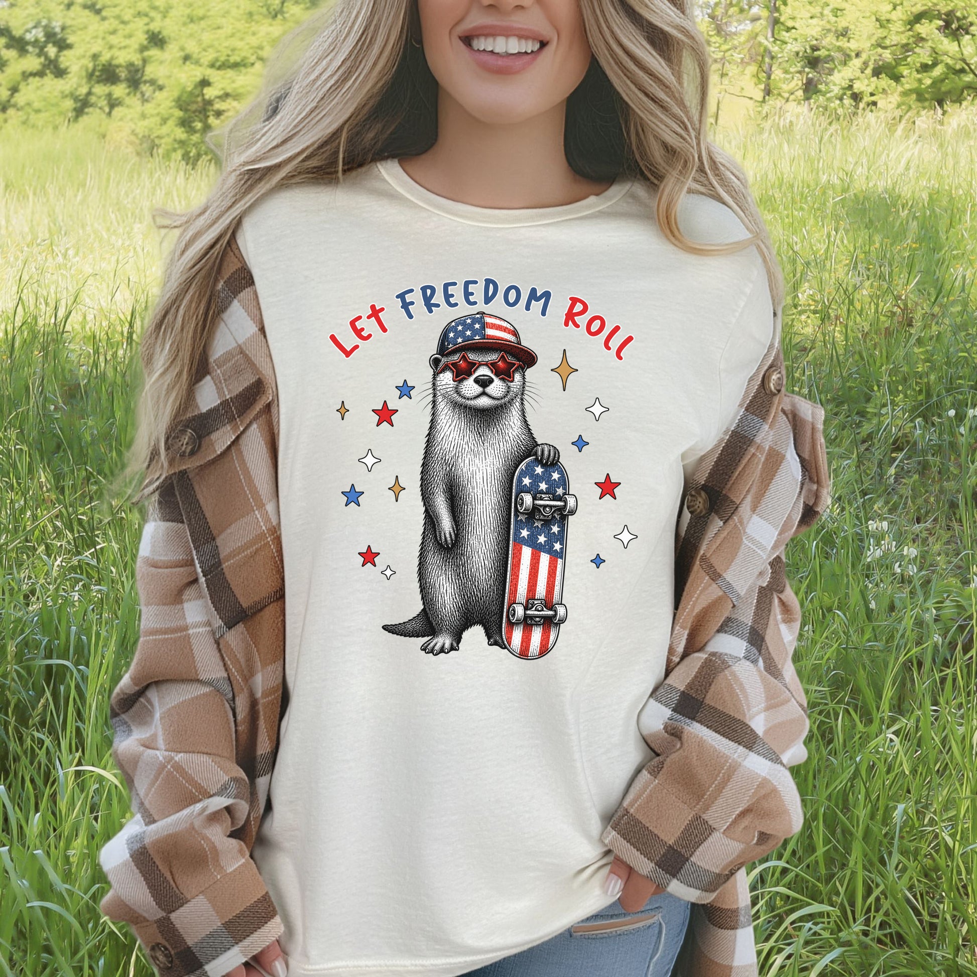 Let Freedom Roll Otter Patriotic 4th of July Skateboard T-Shirt
