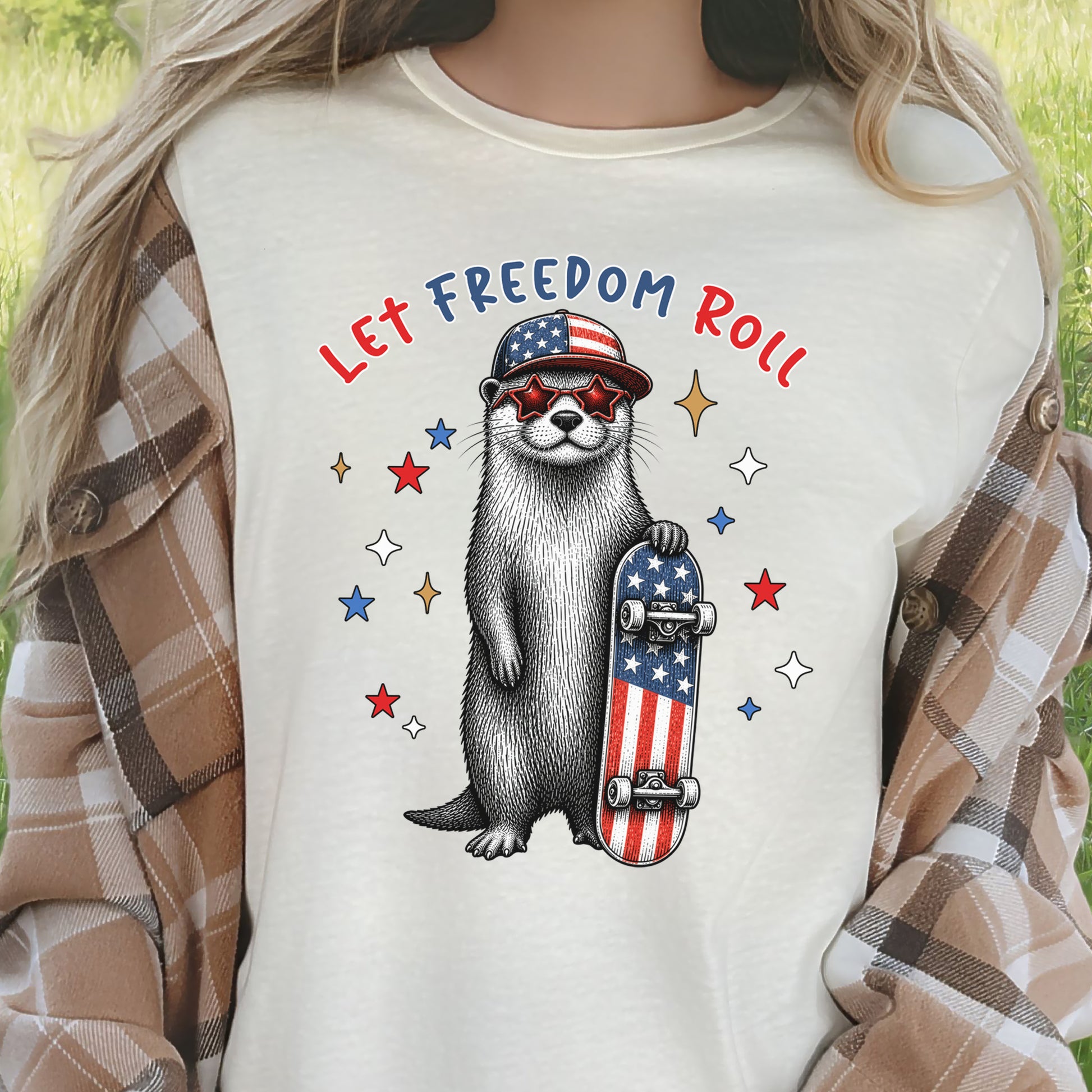 Let Freedom Roll Otter Patriotic 4th of July Skateboard T-Shirt