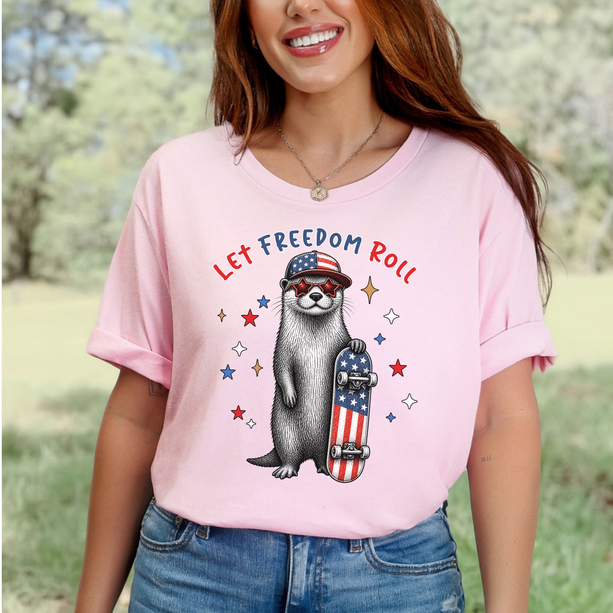 Let Freedom Roll Otter Patriotic 4th of July Skateboard T-Shirt