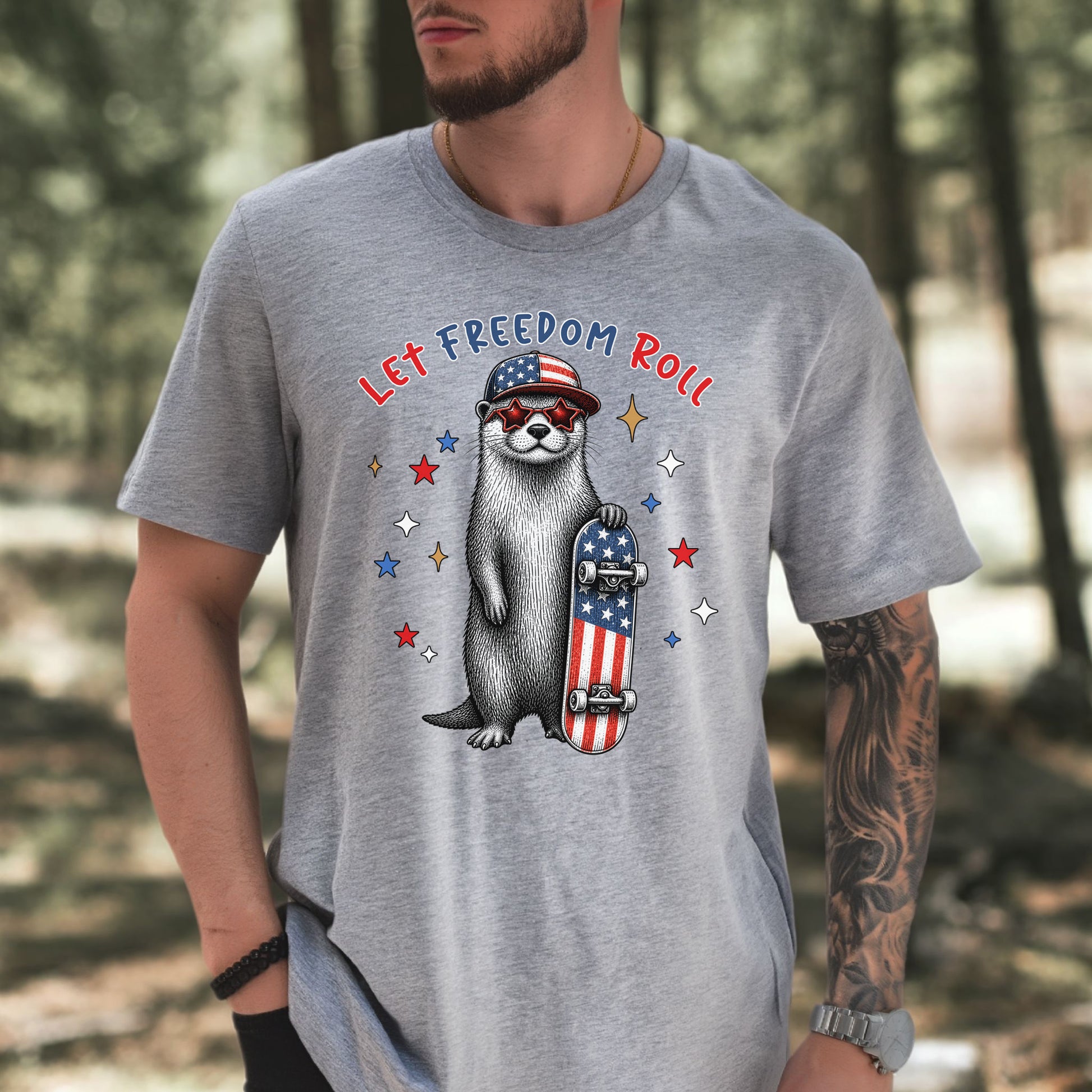 Let Freedom Roll Otter Patriotic 4th of July Skateboard T-Shirt