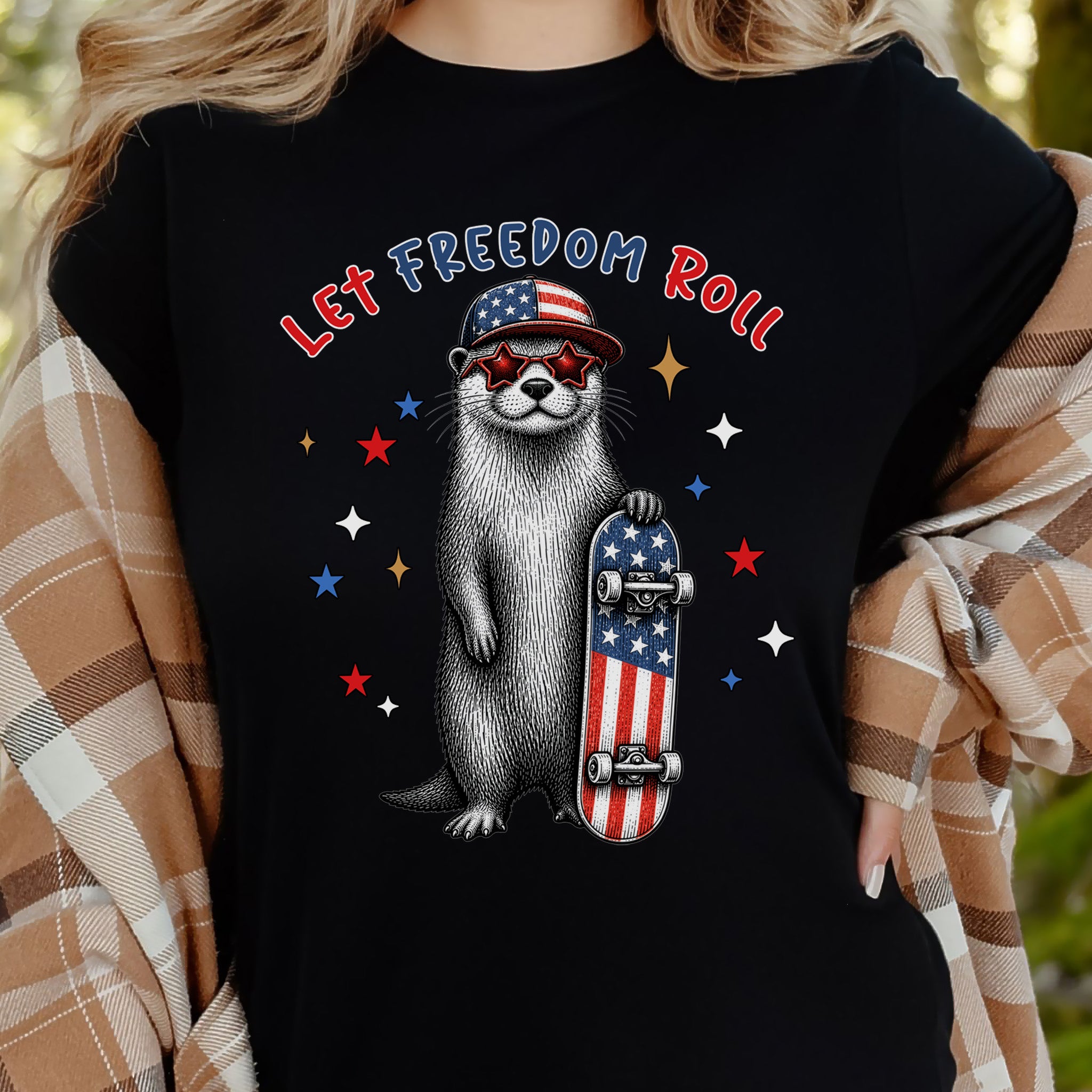Let Freedom Roll Otter Patriotic 4th of July Skateboard T-Shirt