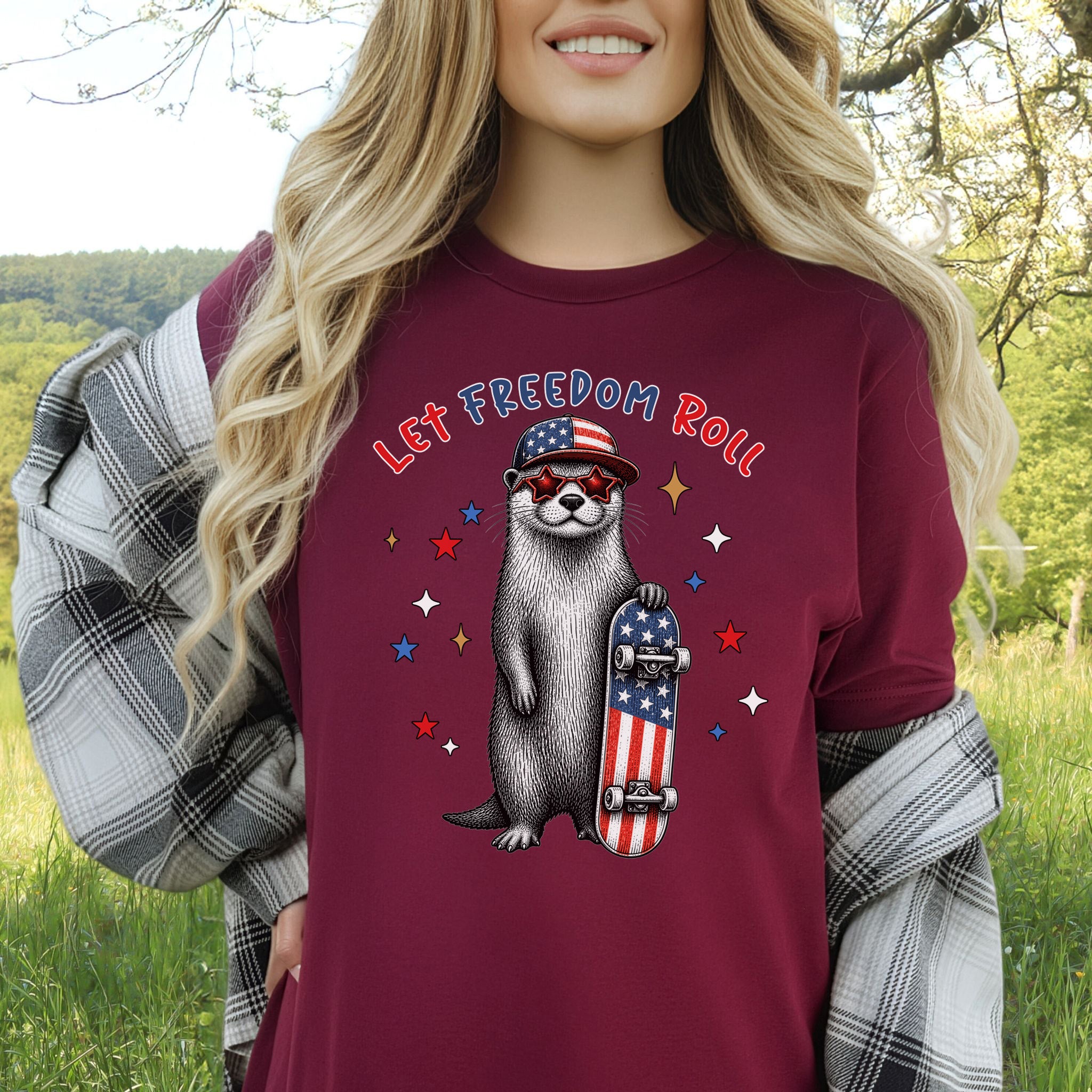 Let Freedom Roll Otter Patriotic 4th of July Skateboard T-Shirt