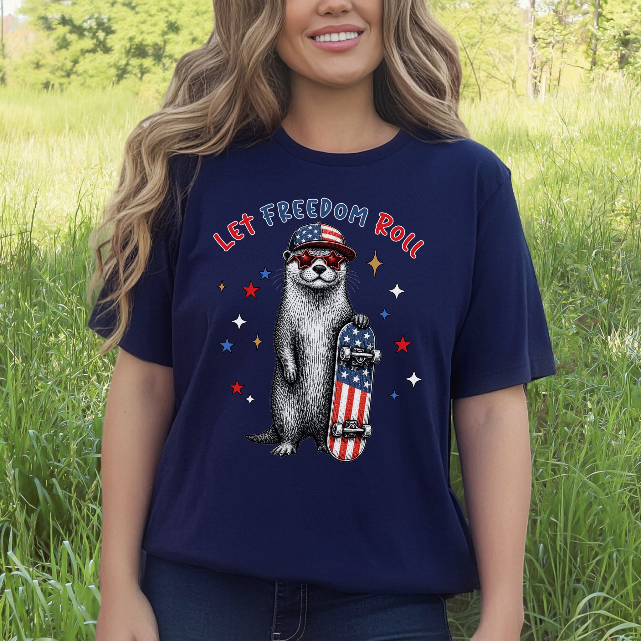 Let Freedom Roll Otter Patriotic 4th of July Skateboard T-Shirt
