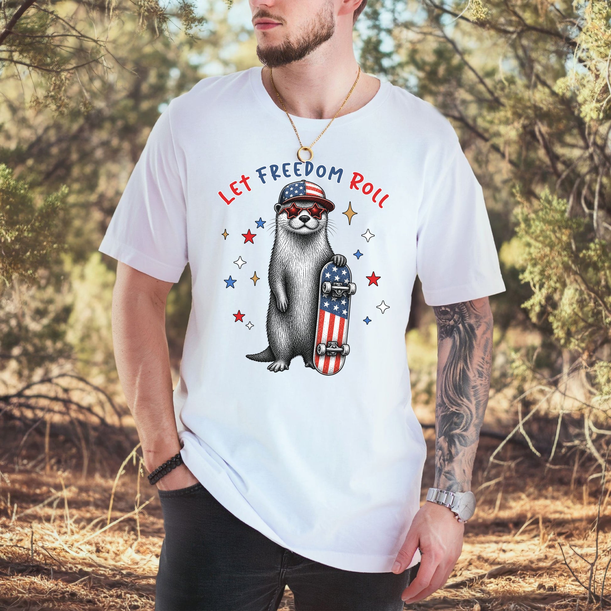Let Freedom Roll Otter Patriotic 4th of July Skateboard T-Shirt
