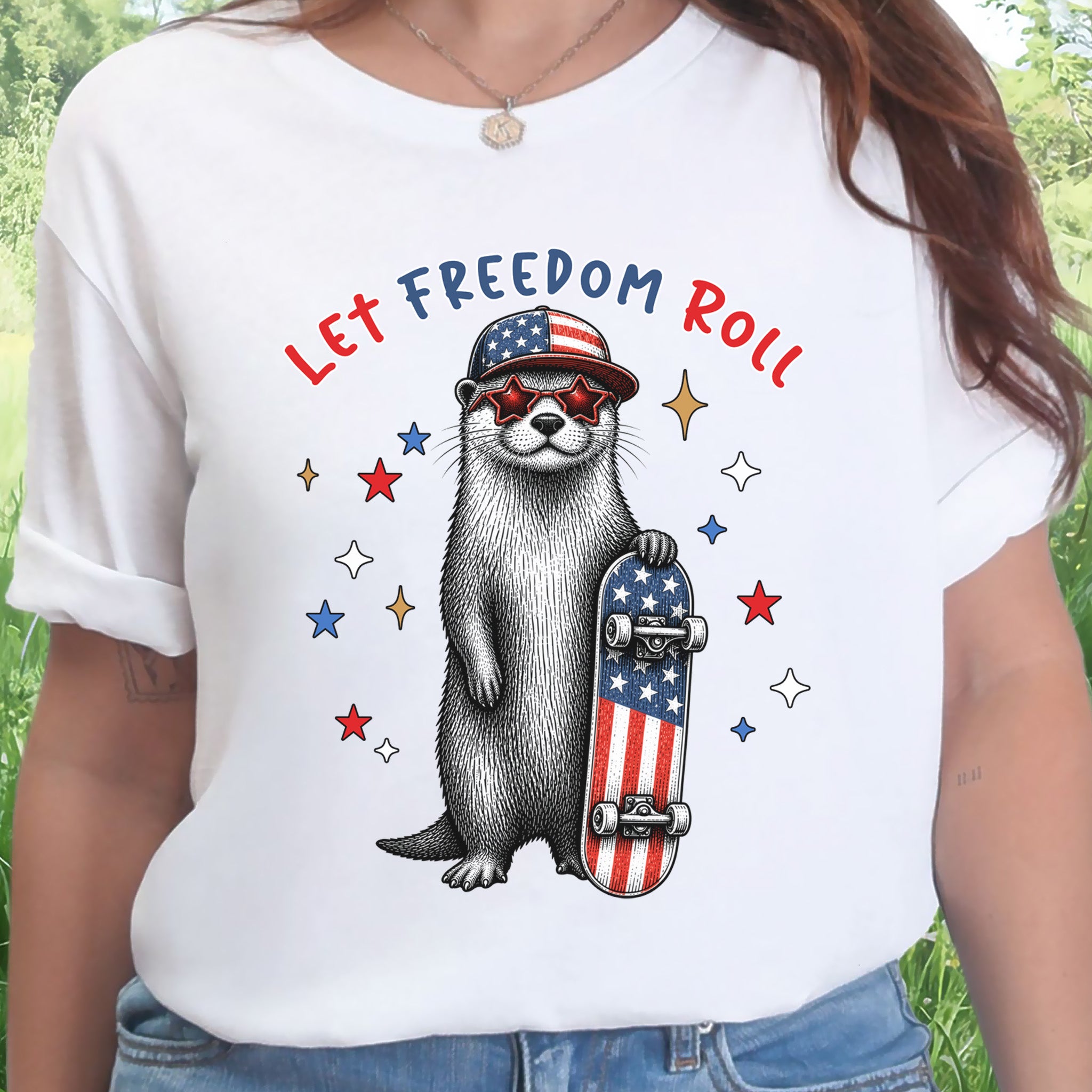 Let Freedom Roll Otter Patriotic 4th of July Skateboard T-Shirt