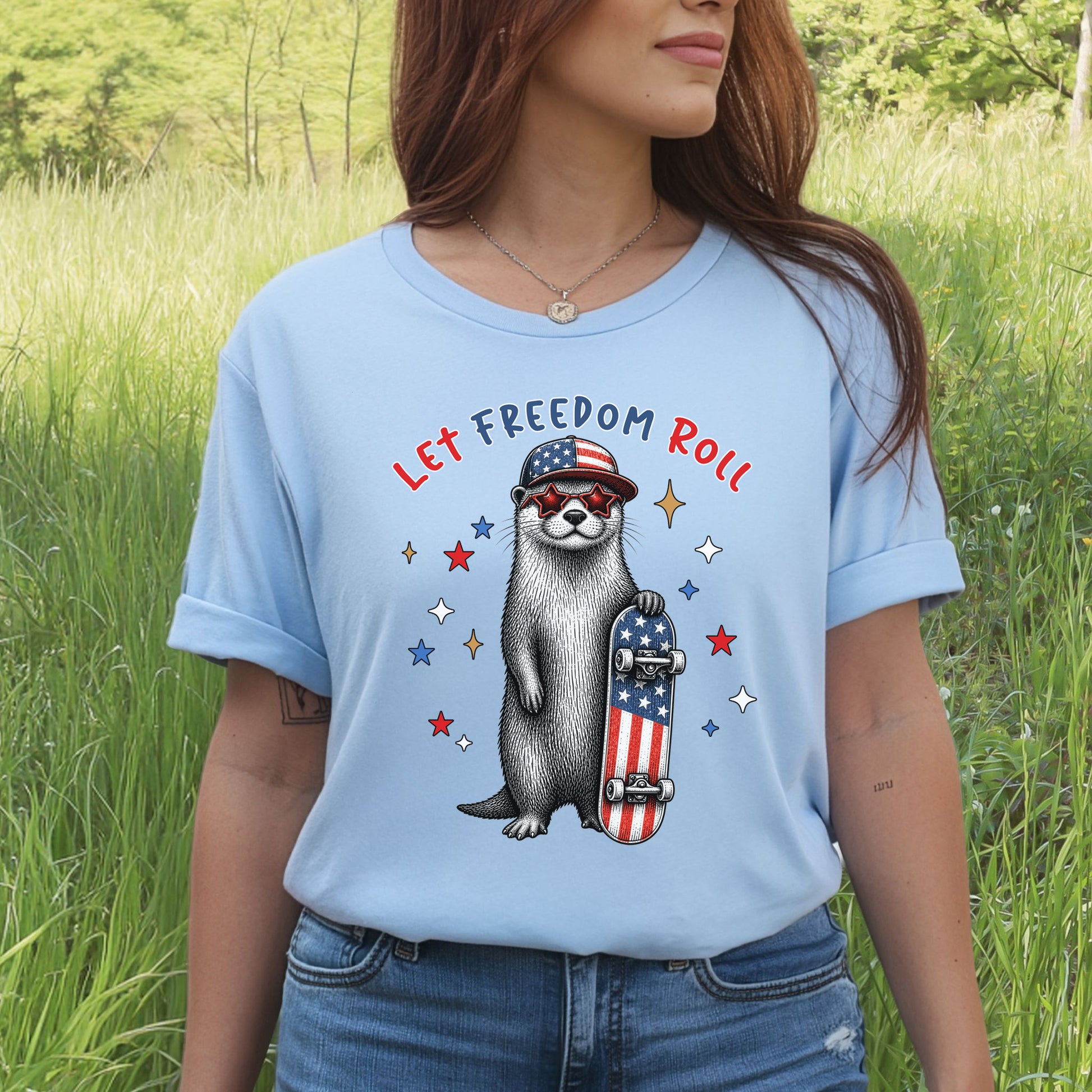 Let Freedom Roll Otter Patriotic 4th of July Skateboard T-Shirt