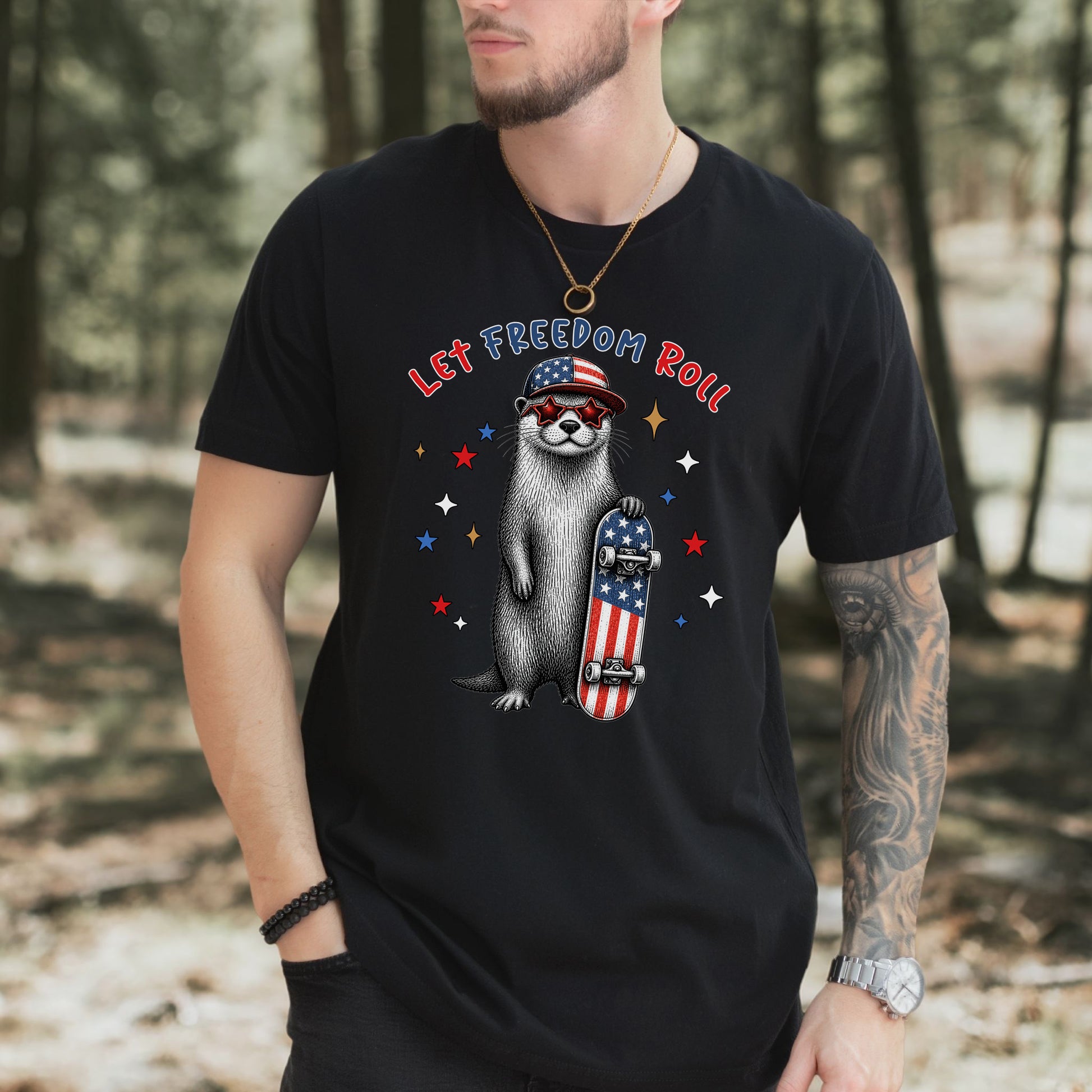 Let Freedom Roll Otter Patriotic 4th of July Skateboard T-Shirt
