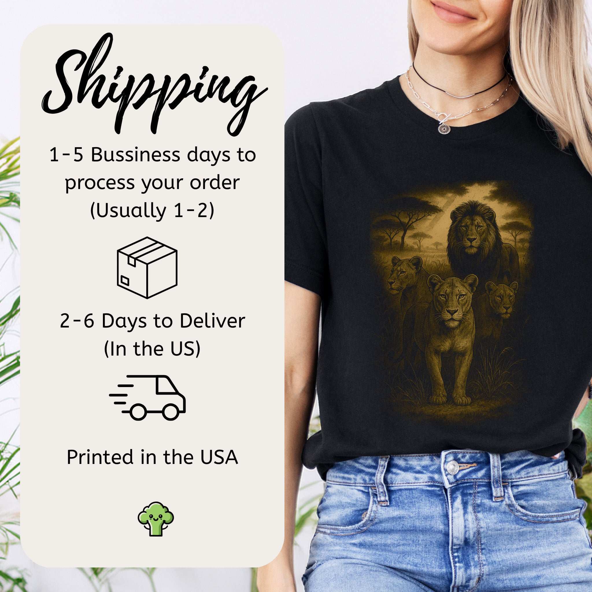 Lioness Spirit Animal T-Shirt – Savannah Strength & Wild Sisterhood featuring lions and shipping information.