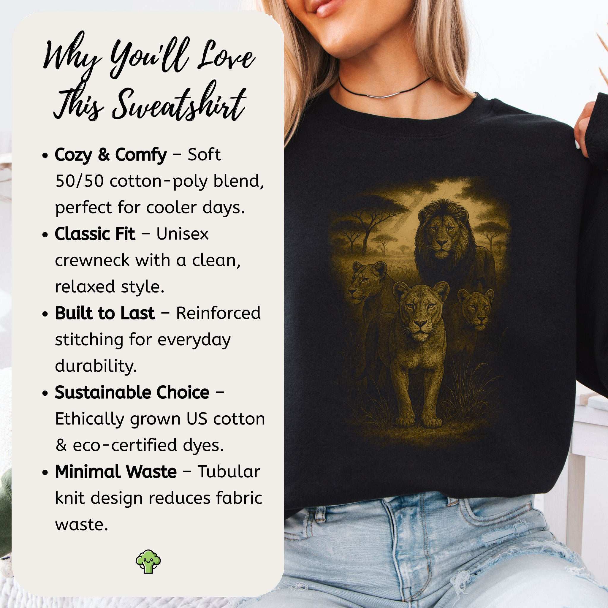 Lioness Spirit Animal Sweatshirt – Savannah Strength & Wild Sisterhood showcasing cozy design and lion graphic.