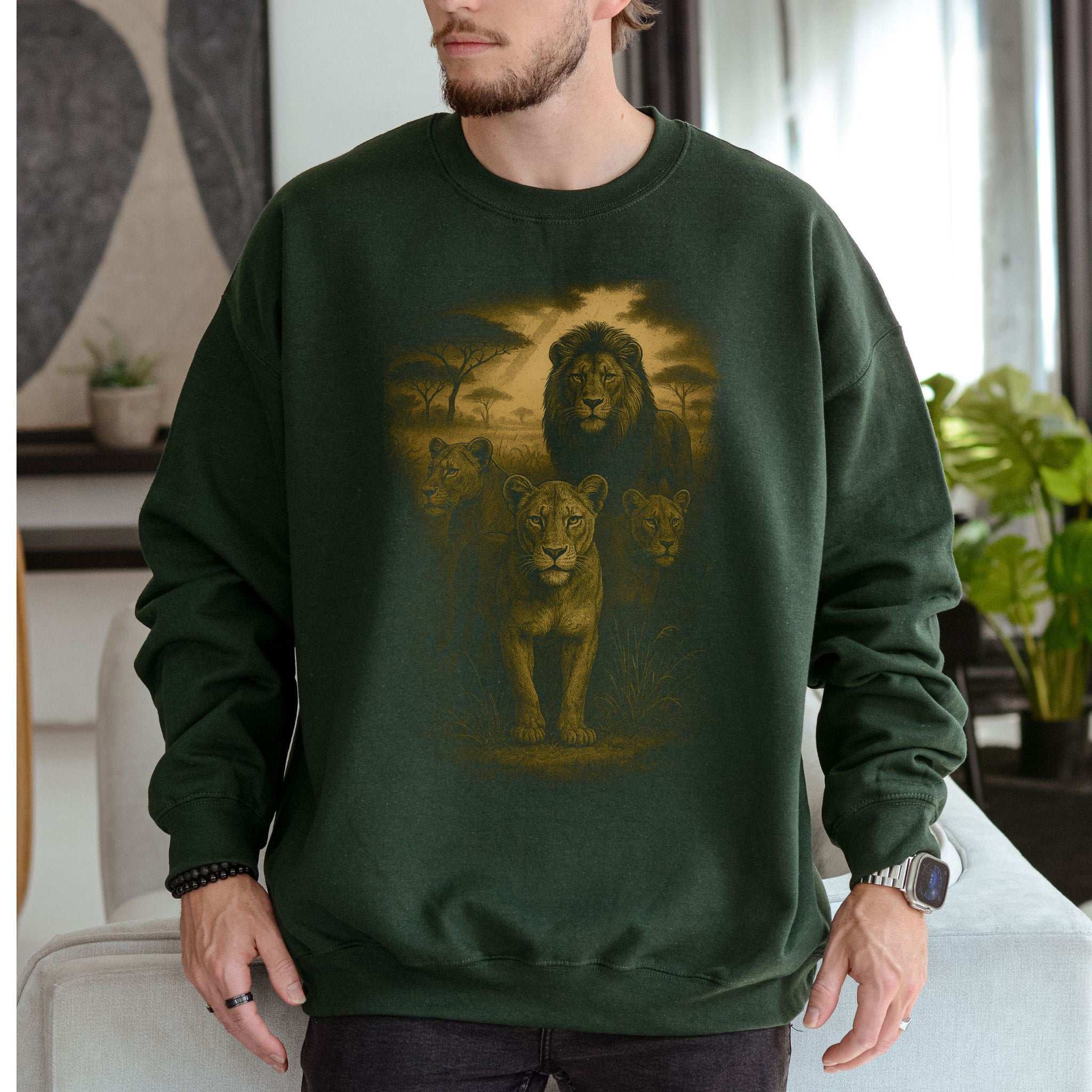 Lioness Spirit Animal Sweatshirt – Savannah Strength & Wild Sisterhood featuring lion artwork on a green sweatshirt.