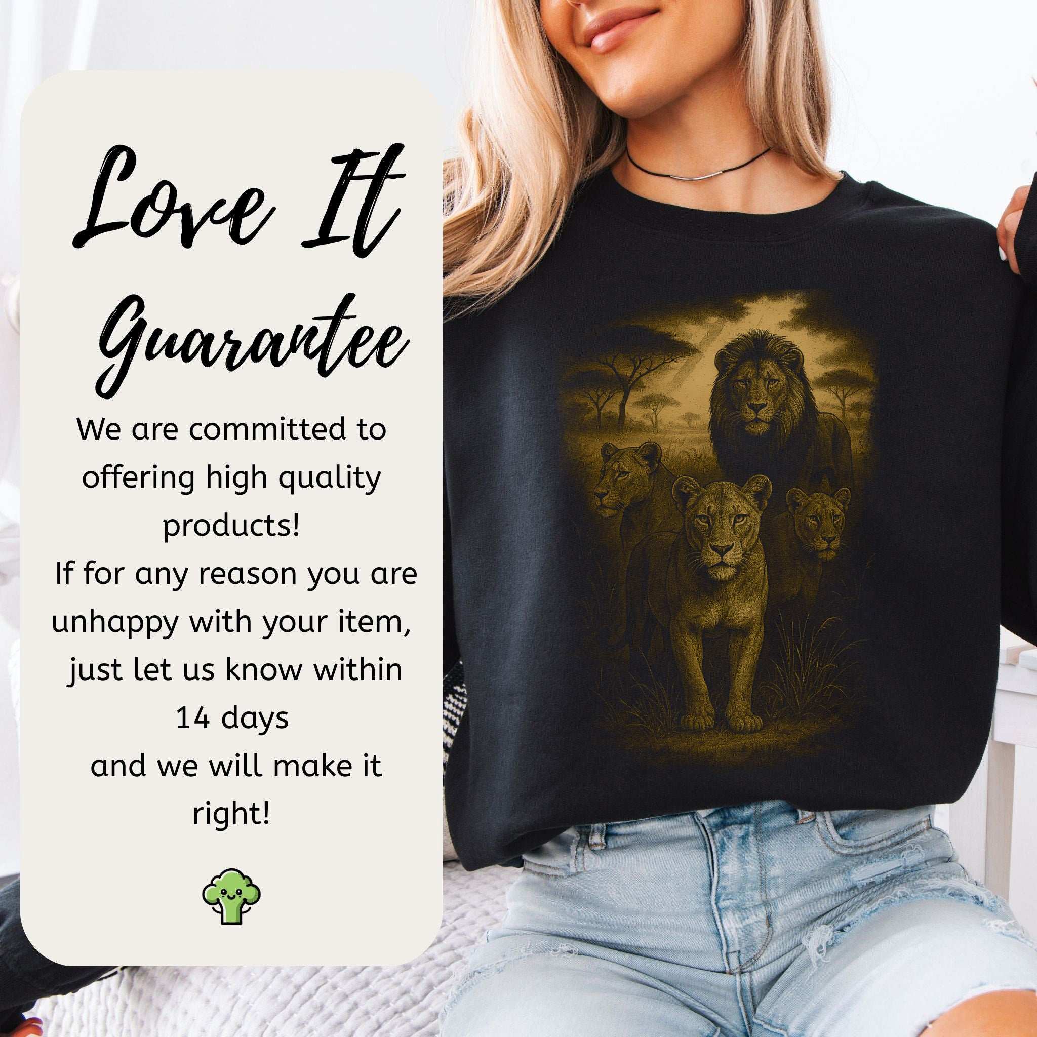 Lioness Spirit Animal Sweatshirt – Savannah Strength & Wild Sisterhood featuring lion graphic and customer guarantee text.