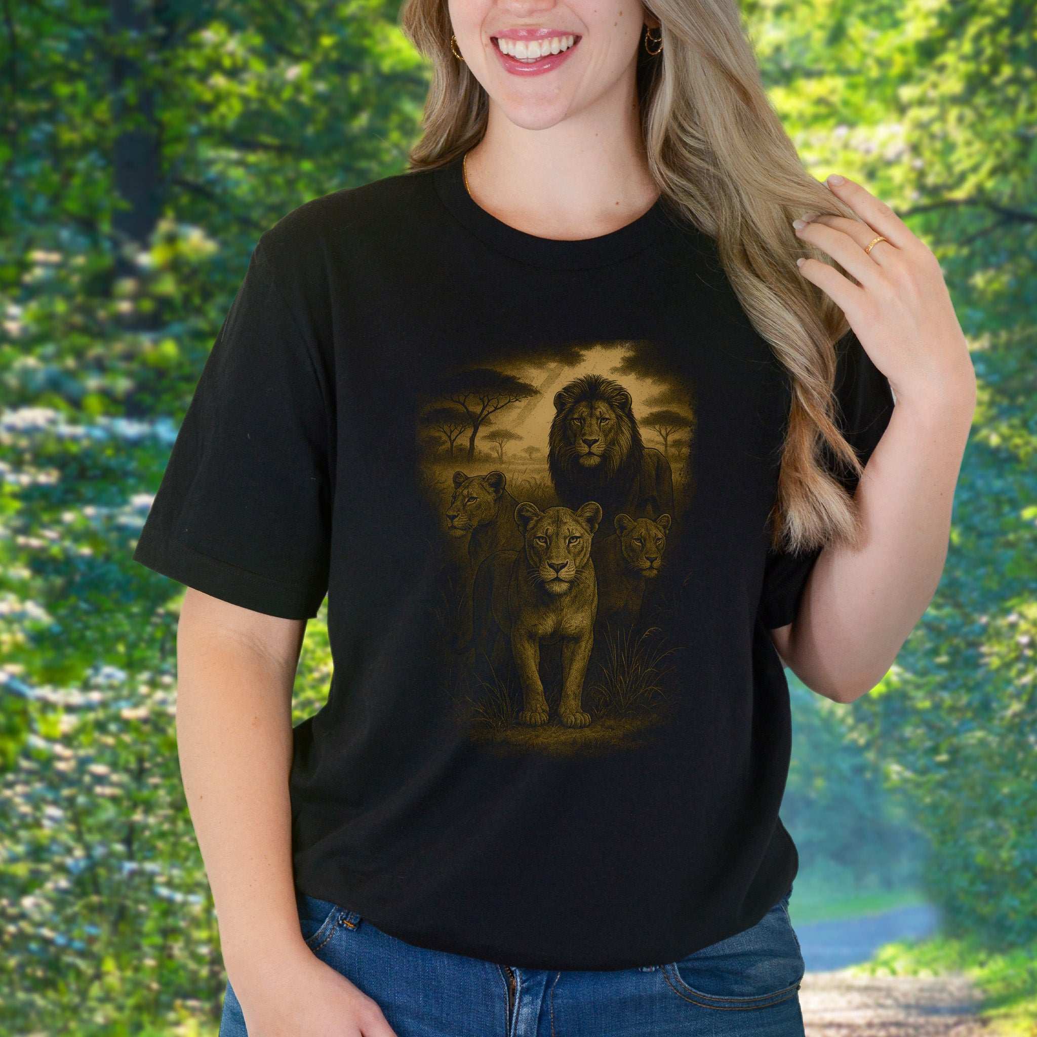 Lioness Spirit Animal T-Shirt – Savannah Strength & Wild Sisterhood featuring a lion and lionesses in a lush background.