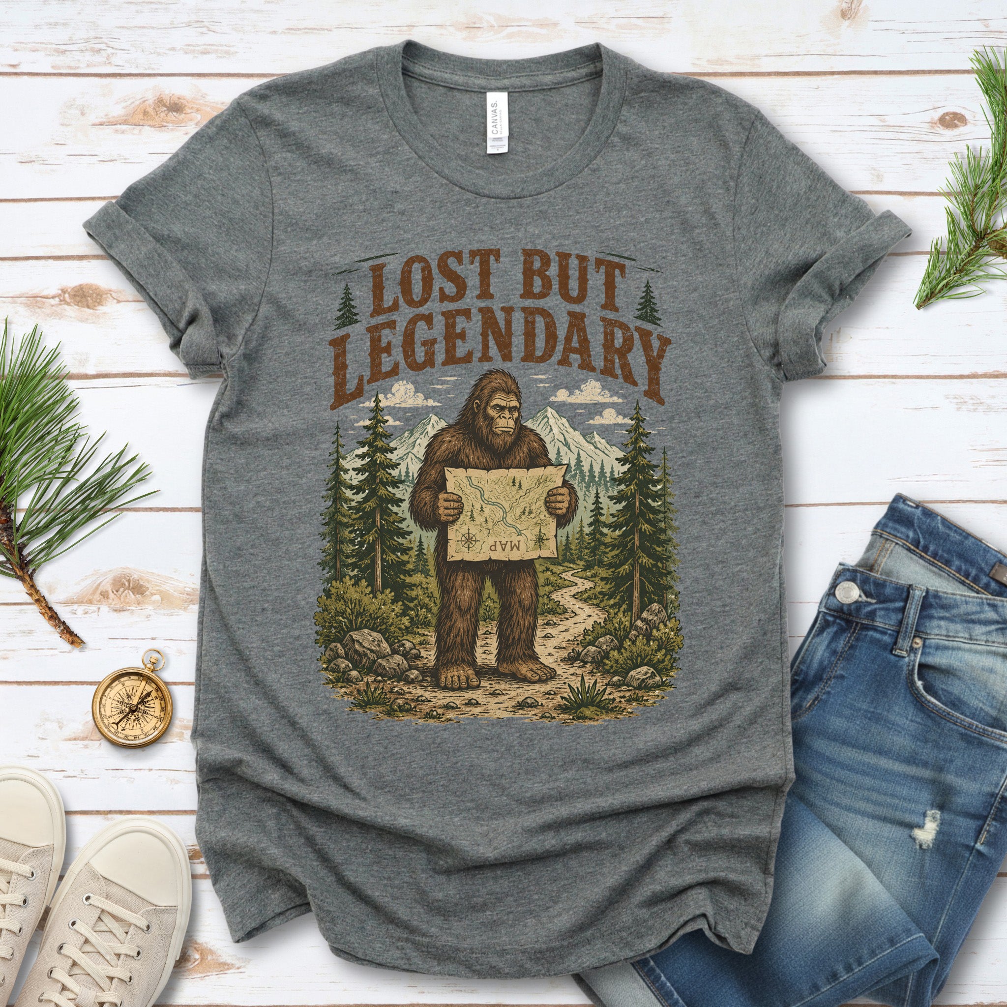 Lost But Legendary Bigfoot Sasquatch Hiking Map Adventure T-Shirt