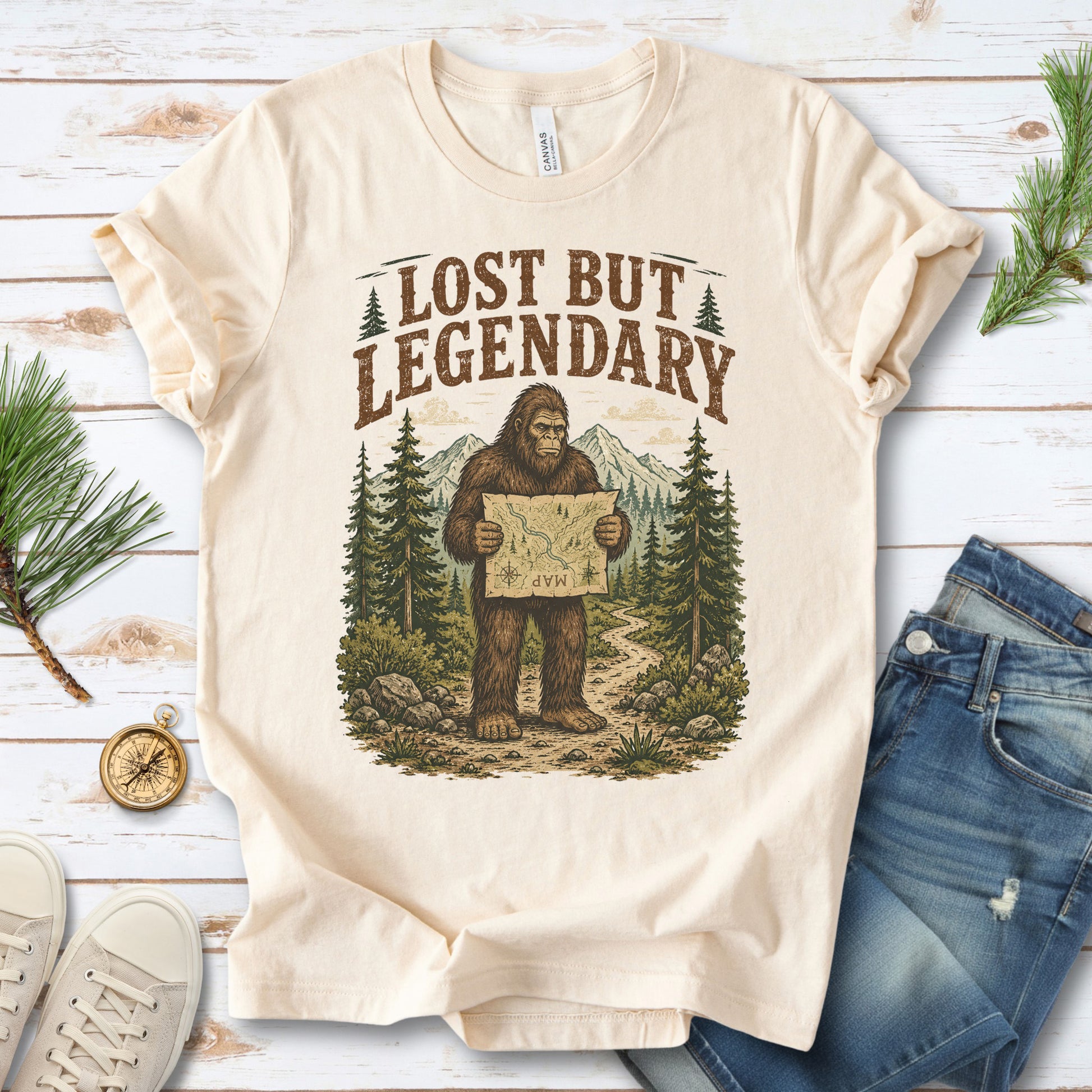 Lost But Legendary Bigfoot Sasquatch Hiking Map Adventure T-Shirt