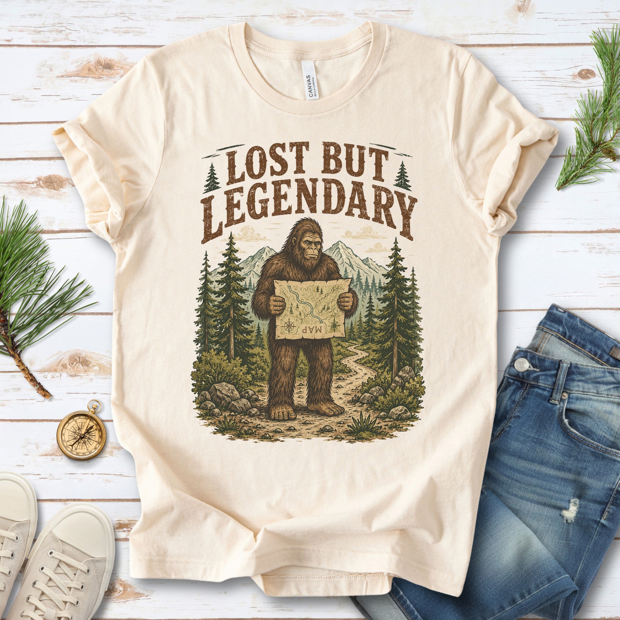 Lost But Legendary Bigfoot Sasquatch Hiking Map Adventure T-Shirt
