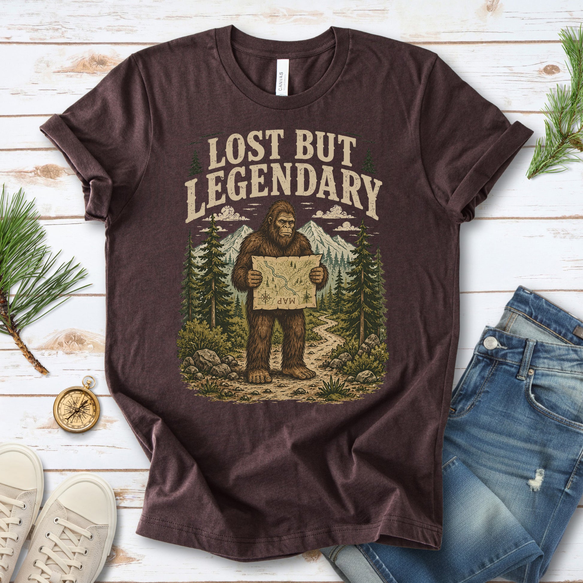Lost But Legendary Bigfoot Sasquatch Hiking Map Adventure T-Shirt