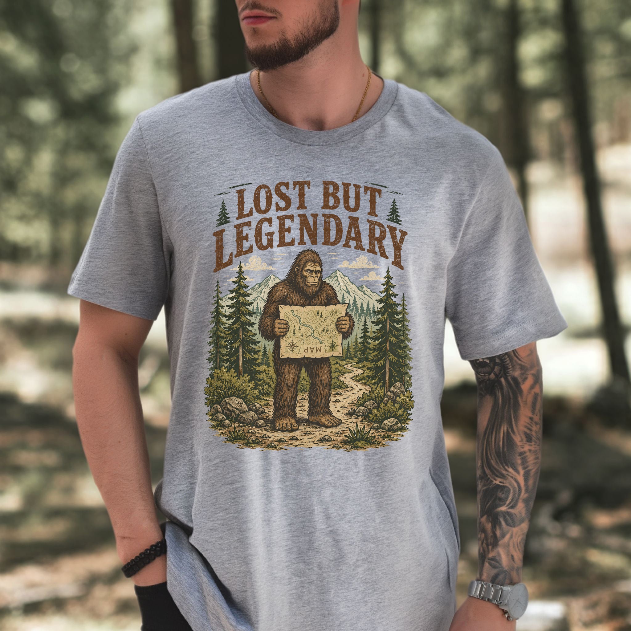 Lost But Legendary Bigfoot Sasquatch Hiking Map Adventure T-Shirt