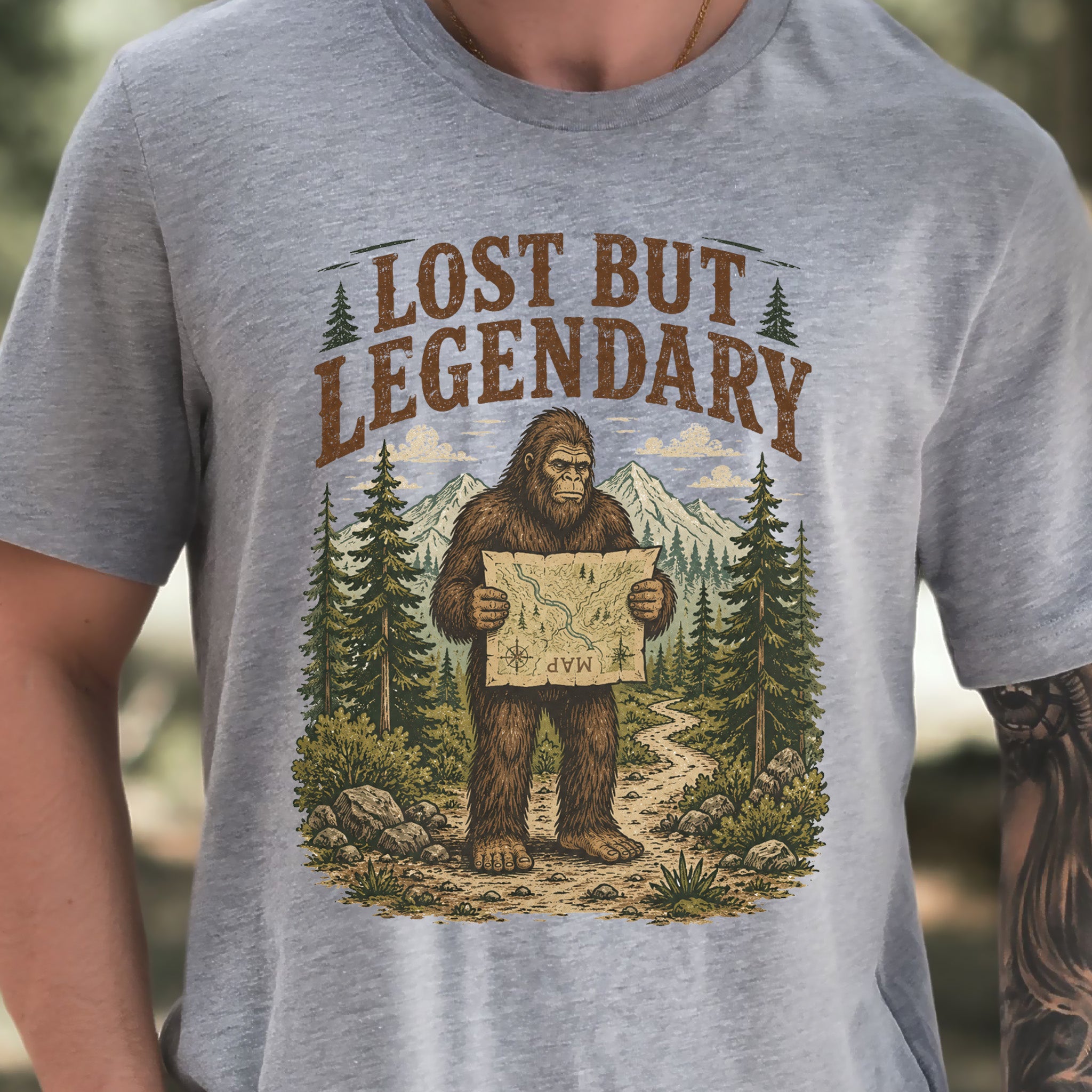 Lost But Legendary Bigfoot Sasquatch Hiking Map Adventure T-Shirt