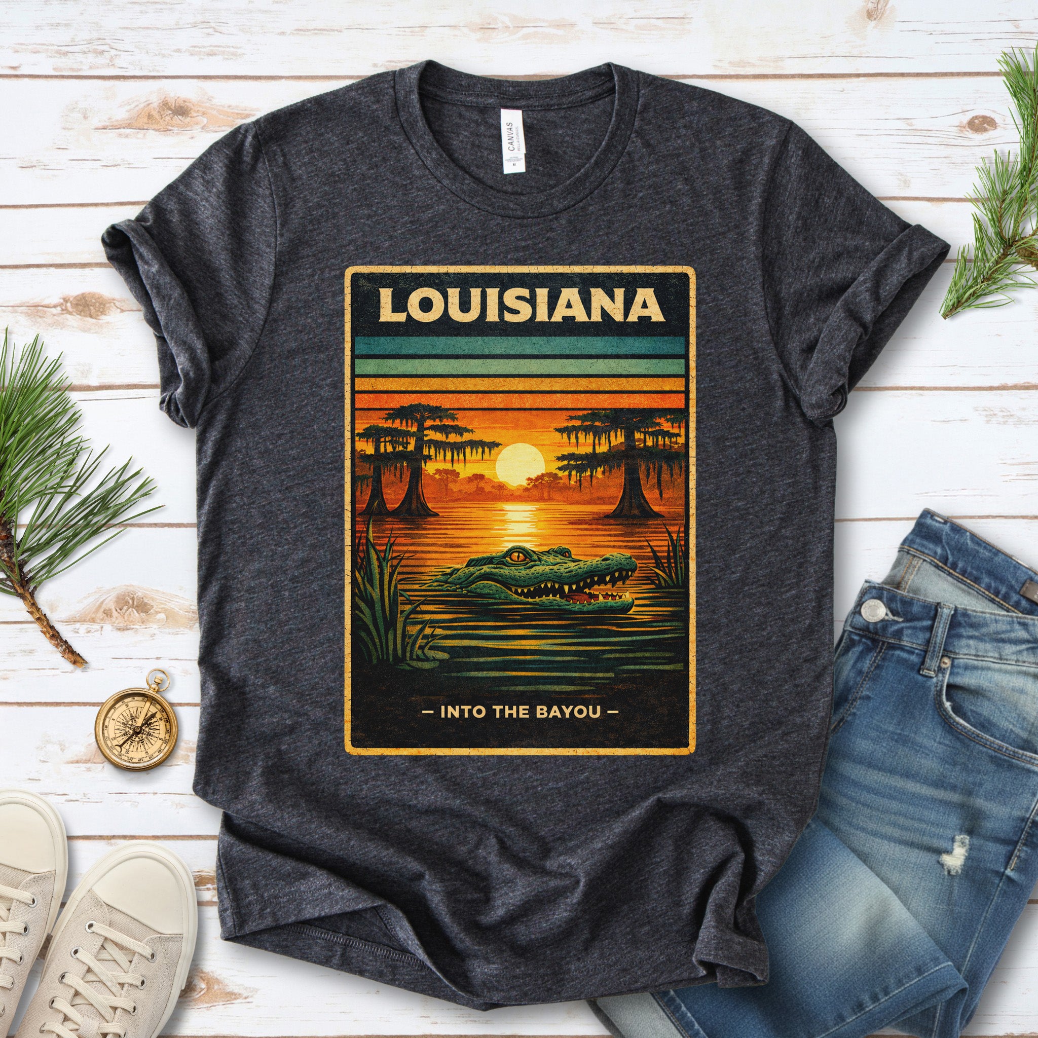Louisiana Into the Bayou Alligator Sunset Vintage Nature T-Shirt