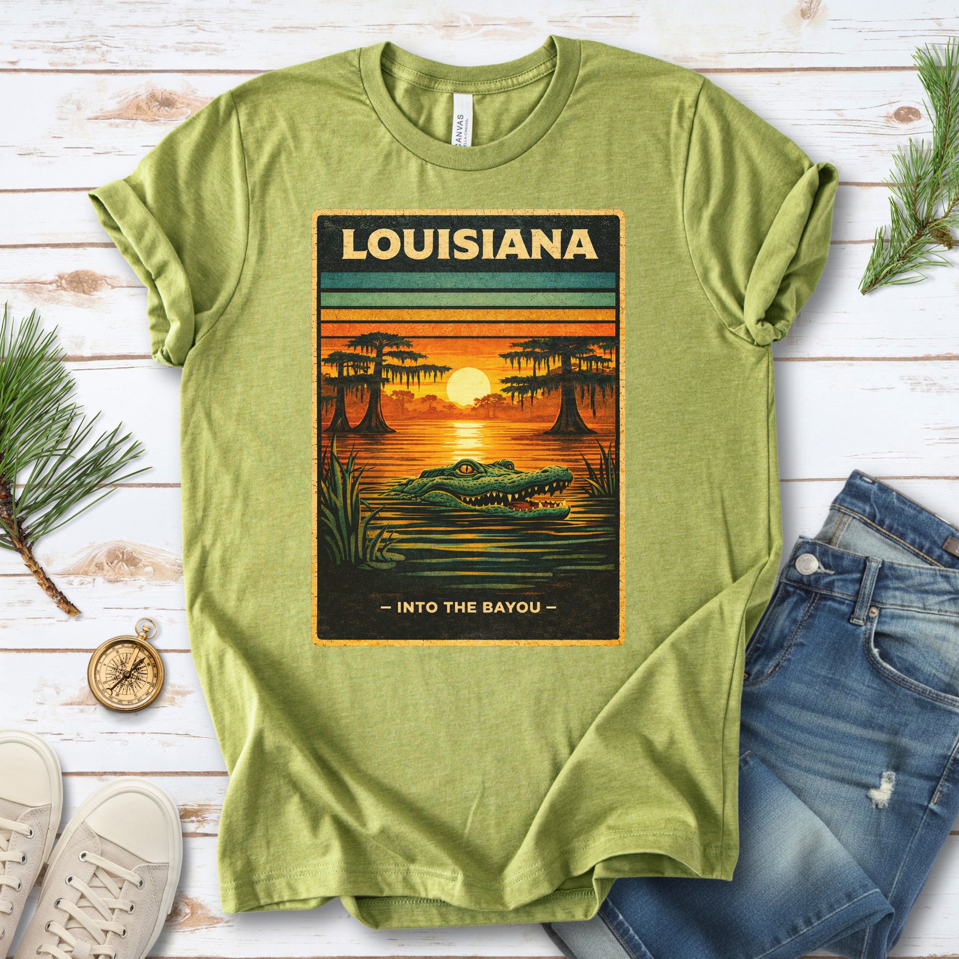 Louisiana Into the Bayou Alligator Sunset Vintage Nature T-Shirt