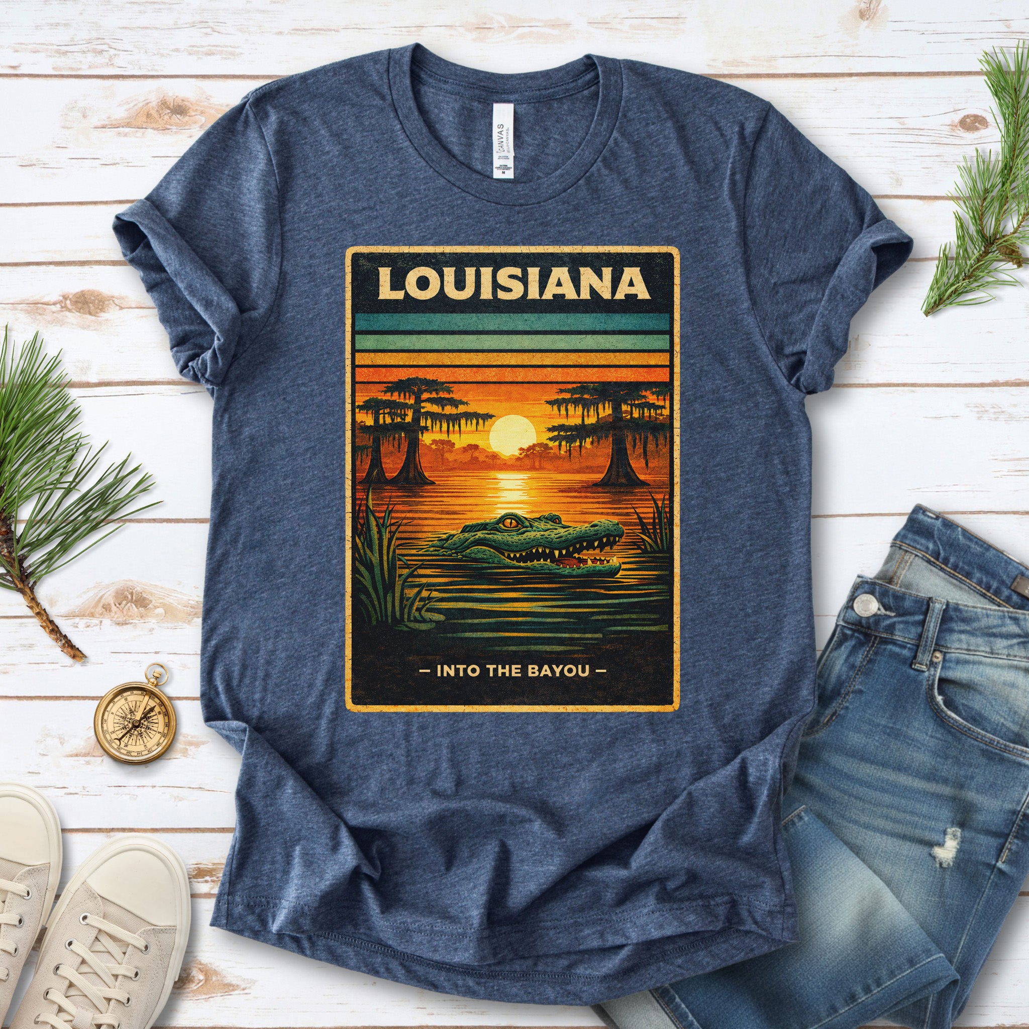 Louisiana Into the Bayou Alligator Sunset Vintage Nature T-Shirt