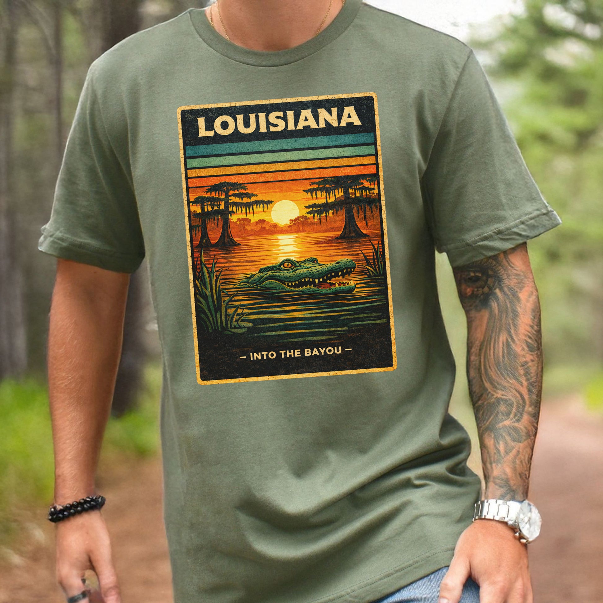 Louisiana Into the Bayou Alligator Sunset Vintage Nature T-Shirt