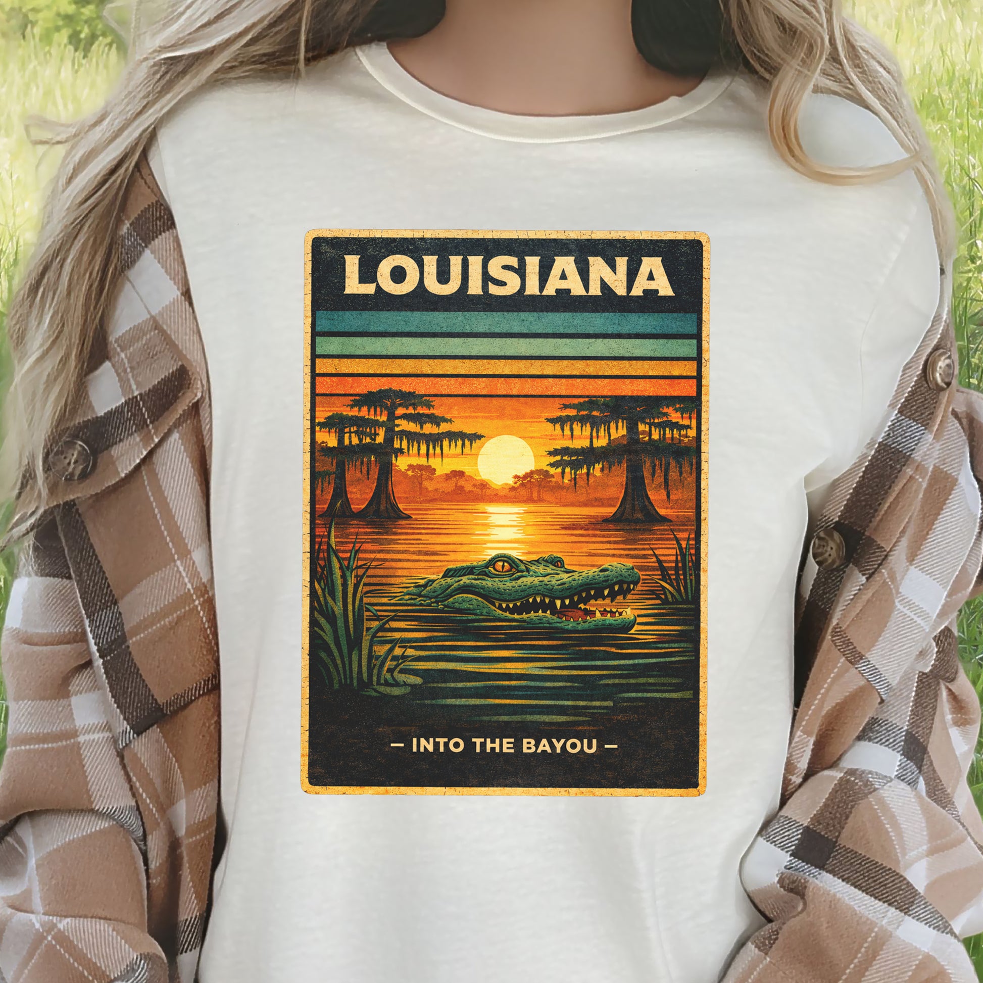 Louisiana Into the Bayou Alligator Sunset Vintage Nature T-Shirt