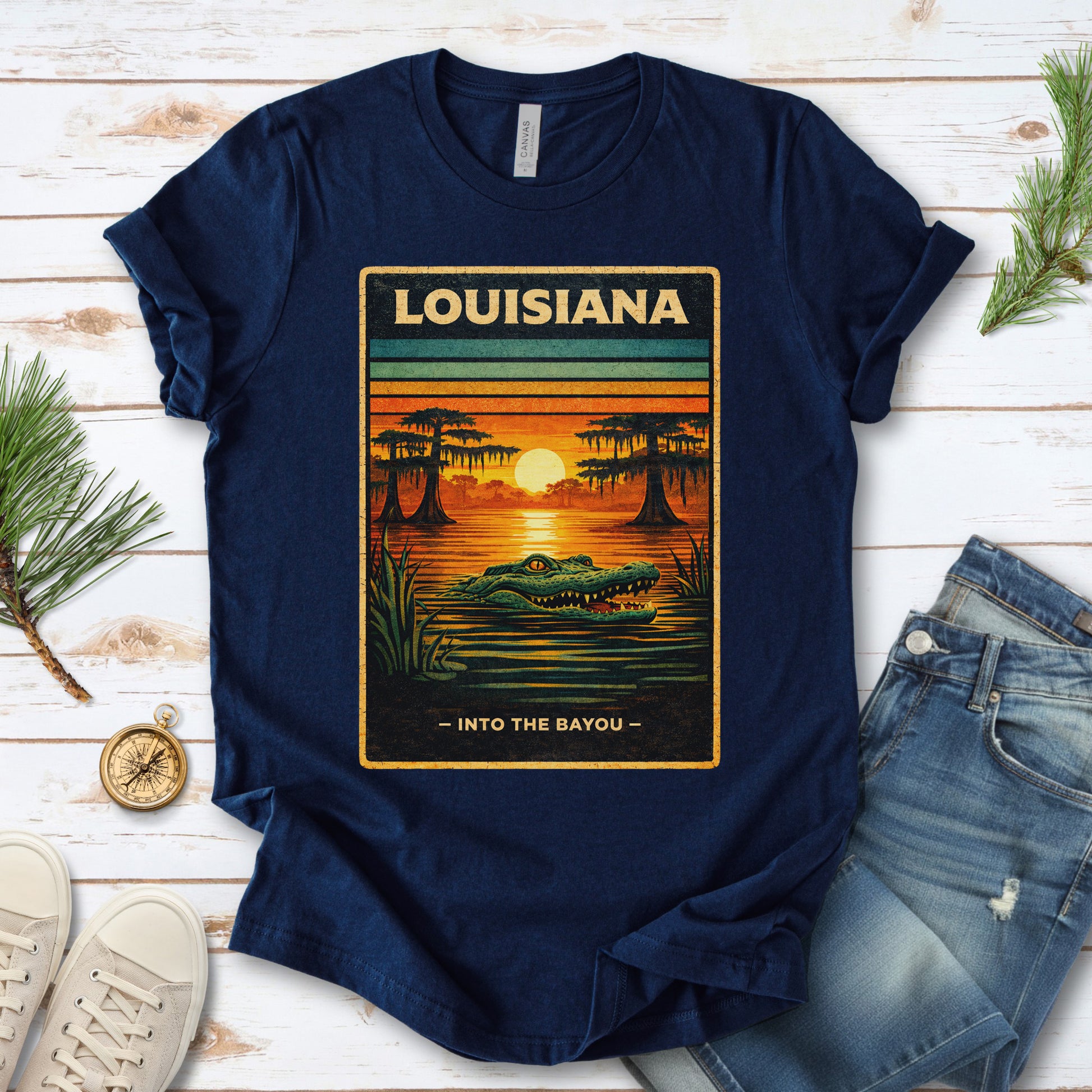 Louisiana Into the Bayou Alligator Sunset Vintage Nature T-Shirt
