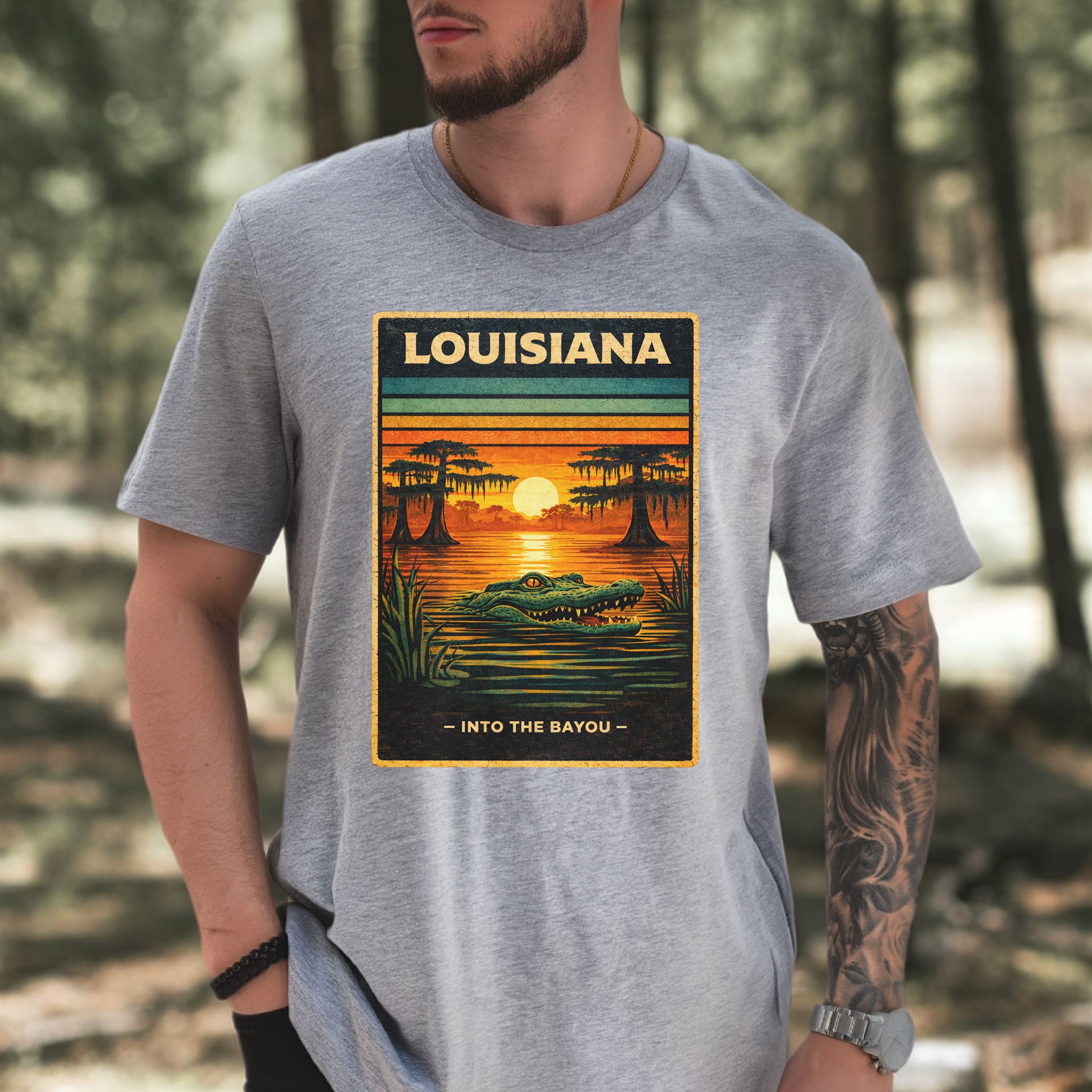 Louisiana Into the Bayou Alligator Sunset Vintage Nature T-Shirt