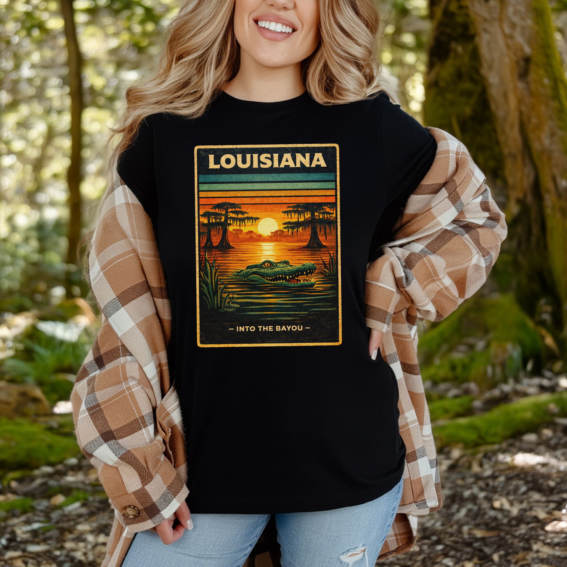 Louisiana Into the Bayou Alligator Sunset Vintage Nature T-Shirt