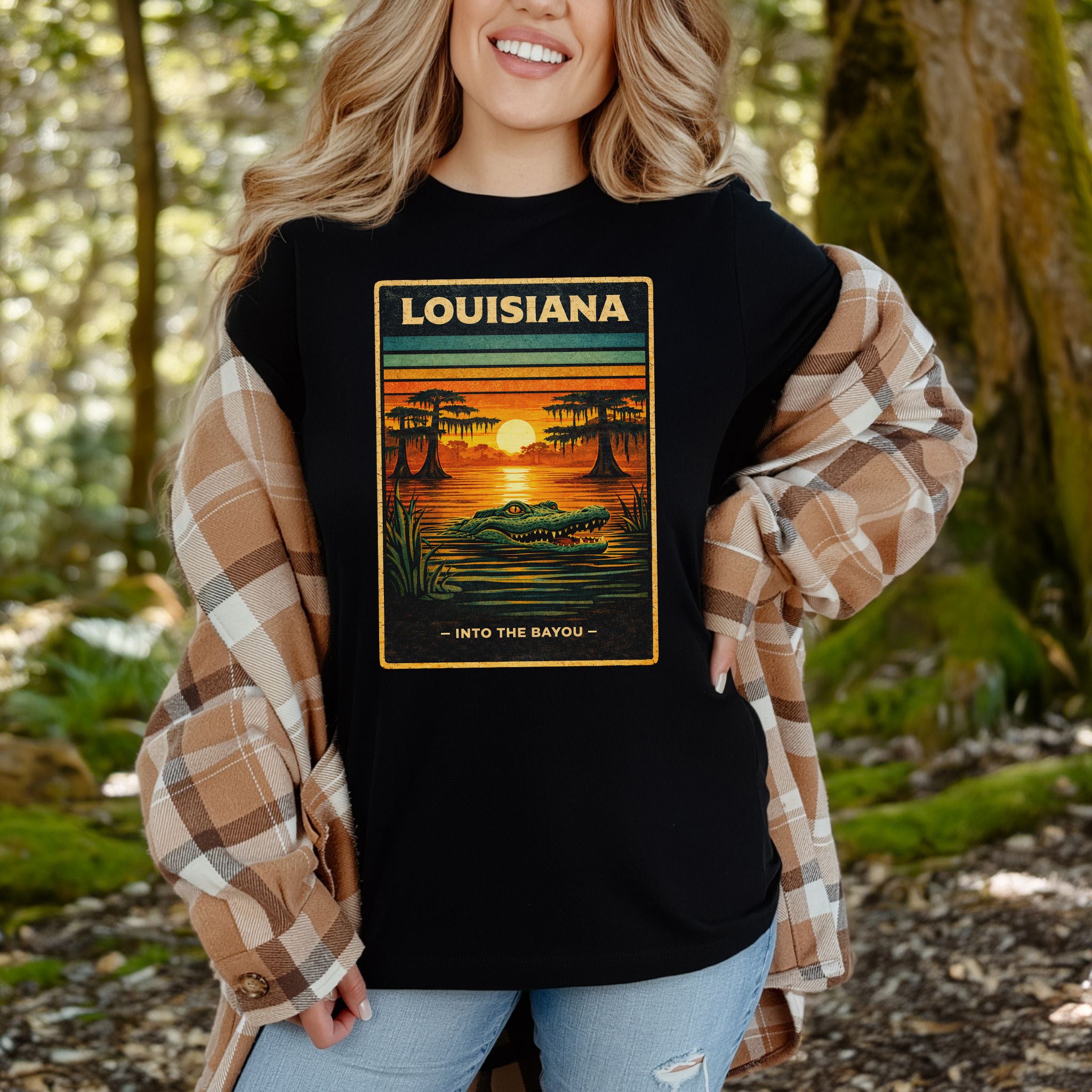 Louisiana Into the Bayou Alligator Sunset Vintage Nature T-Shirt