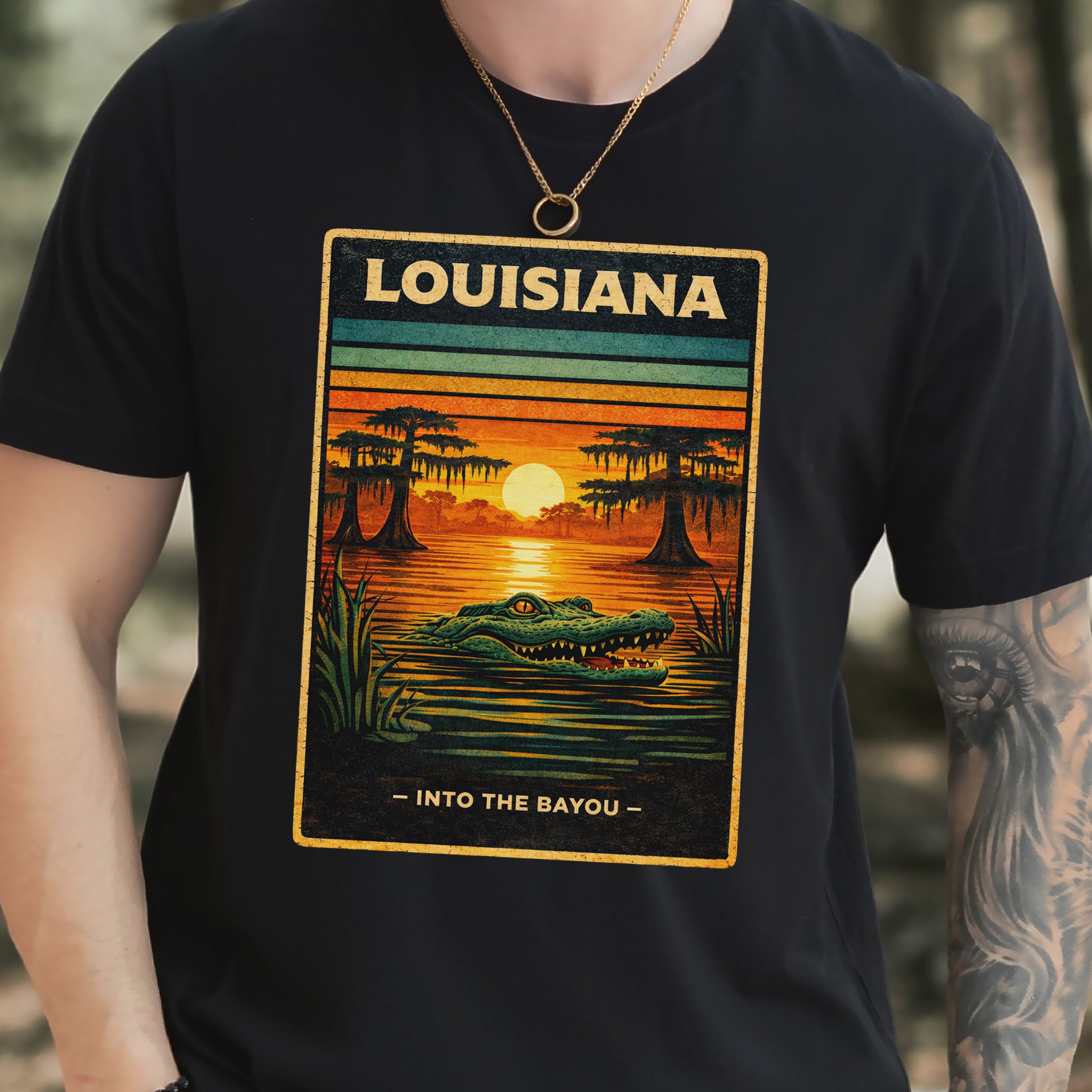 Louisiana Into the Bayou Alligator Sunset Vintage Nature T-Shirt