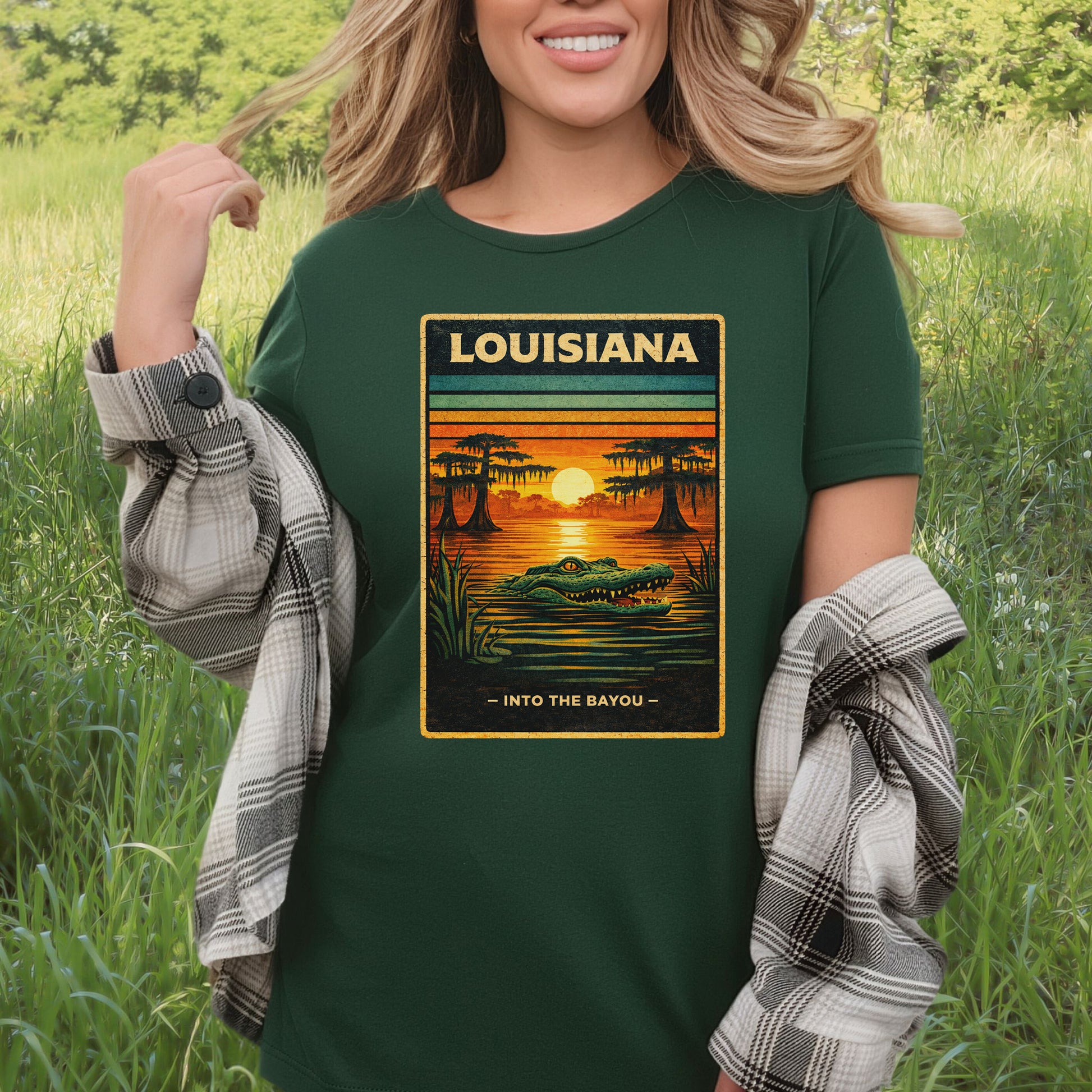 Louisiana Into the Bayou Alligator Sunset Vintage Nature T-Shirt