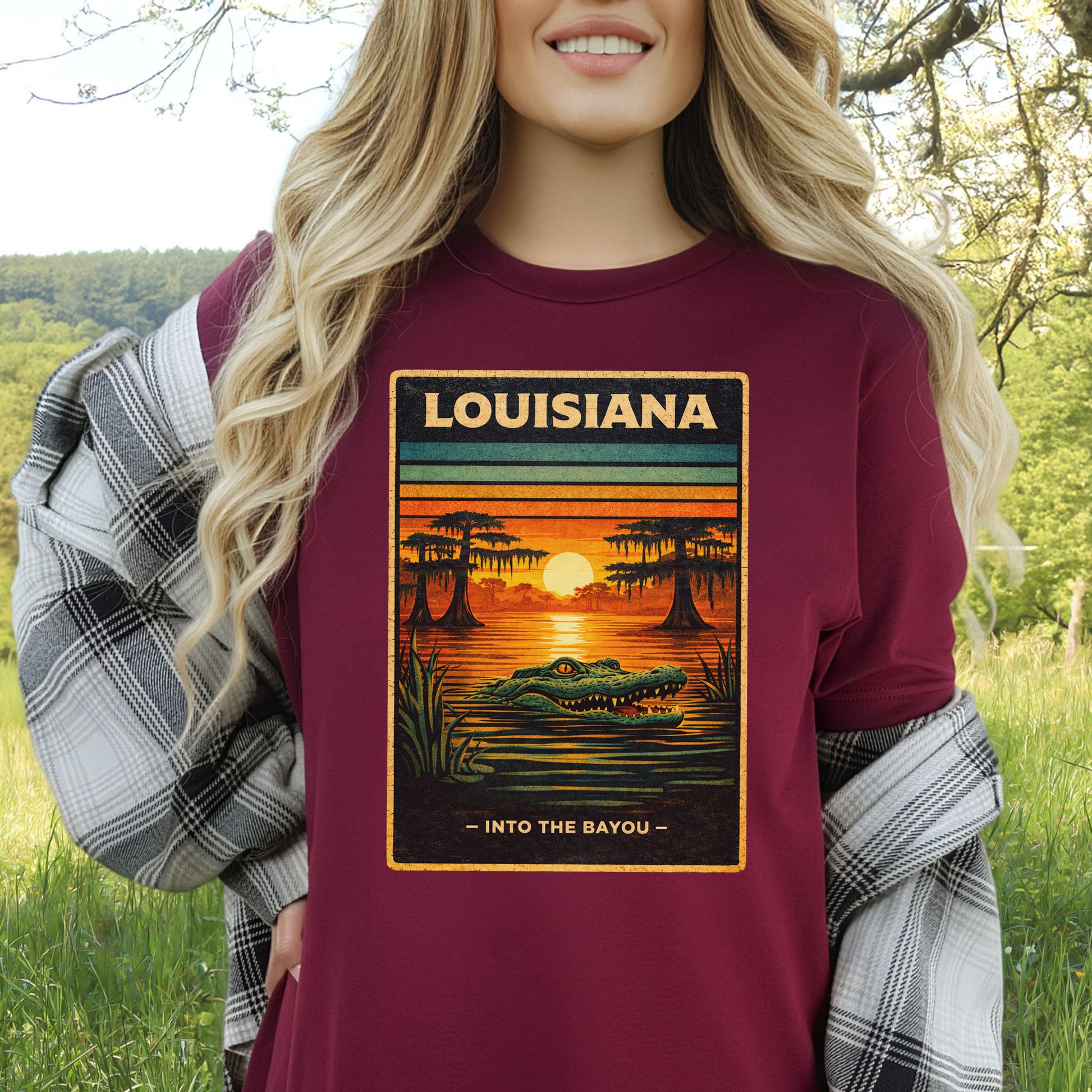 Louisiana Into the Bayou Alligator Sunset Vintage Nature T-Shirt