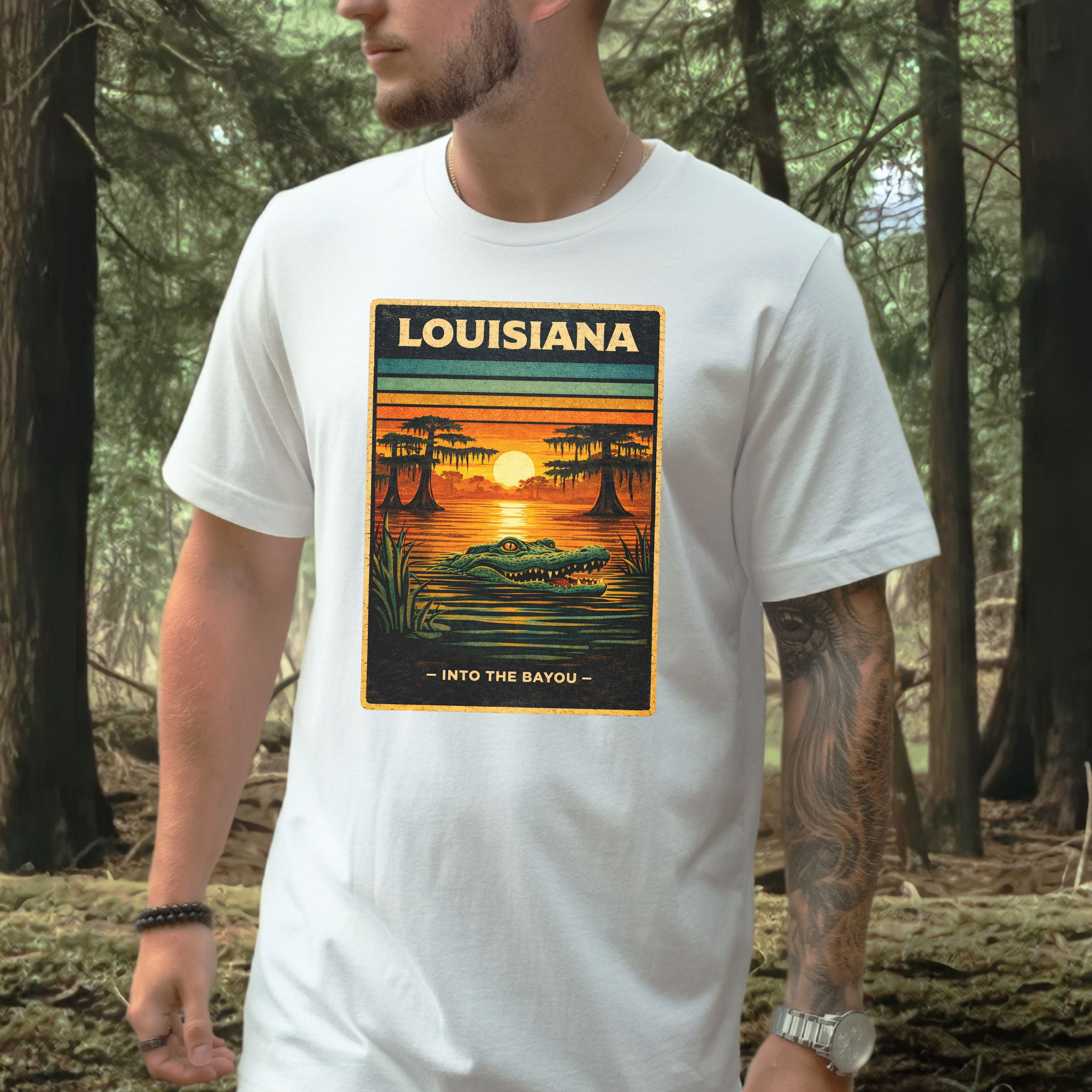 Louisiana Into the Bayou Alligator Sunset Vintage Nature T-Shirt